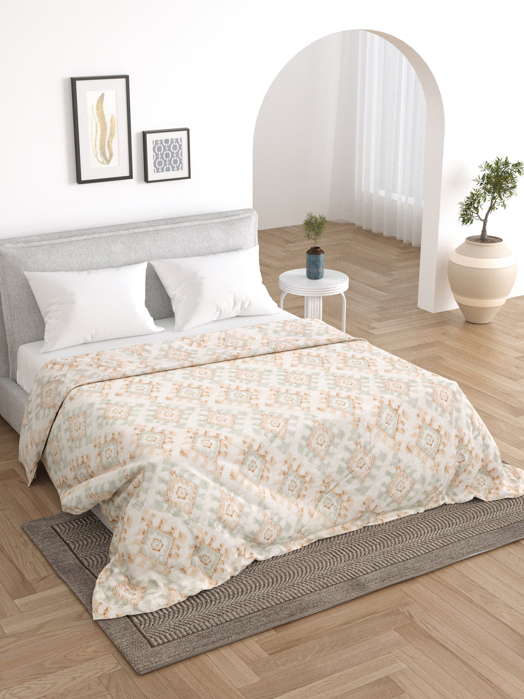 Cream and Green Double bed AC Printed Comforter