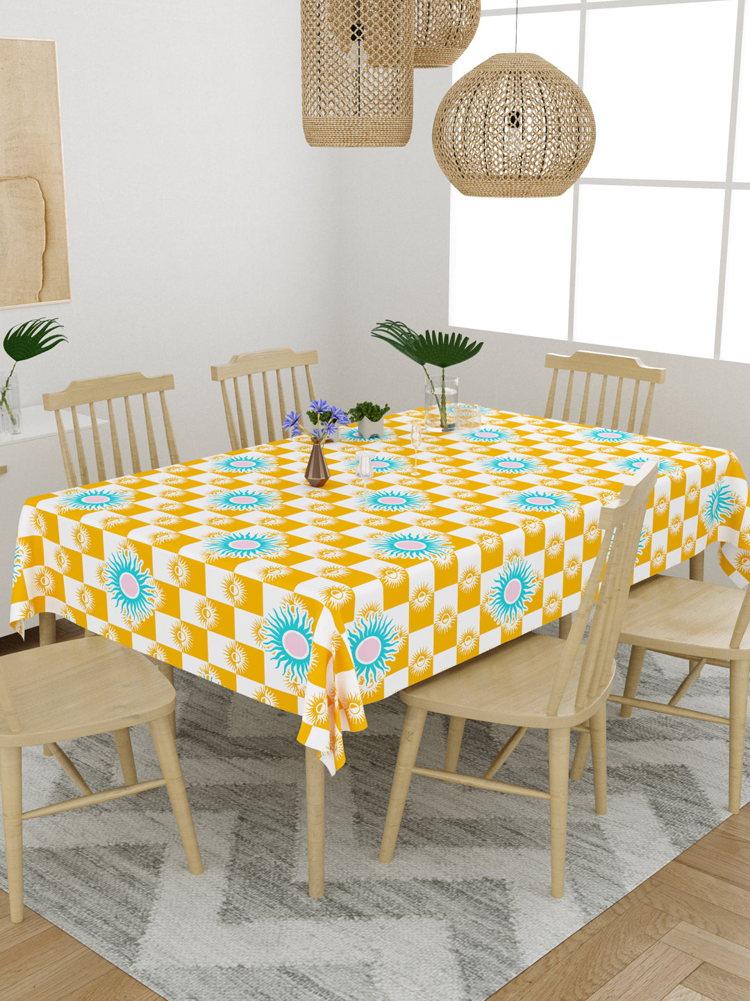 Yellow and Blue Geometric Print 6 Seater Table Cover