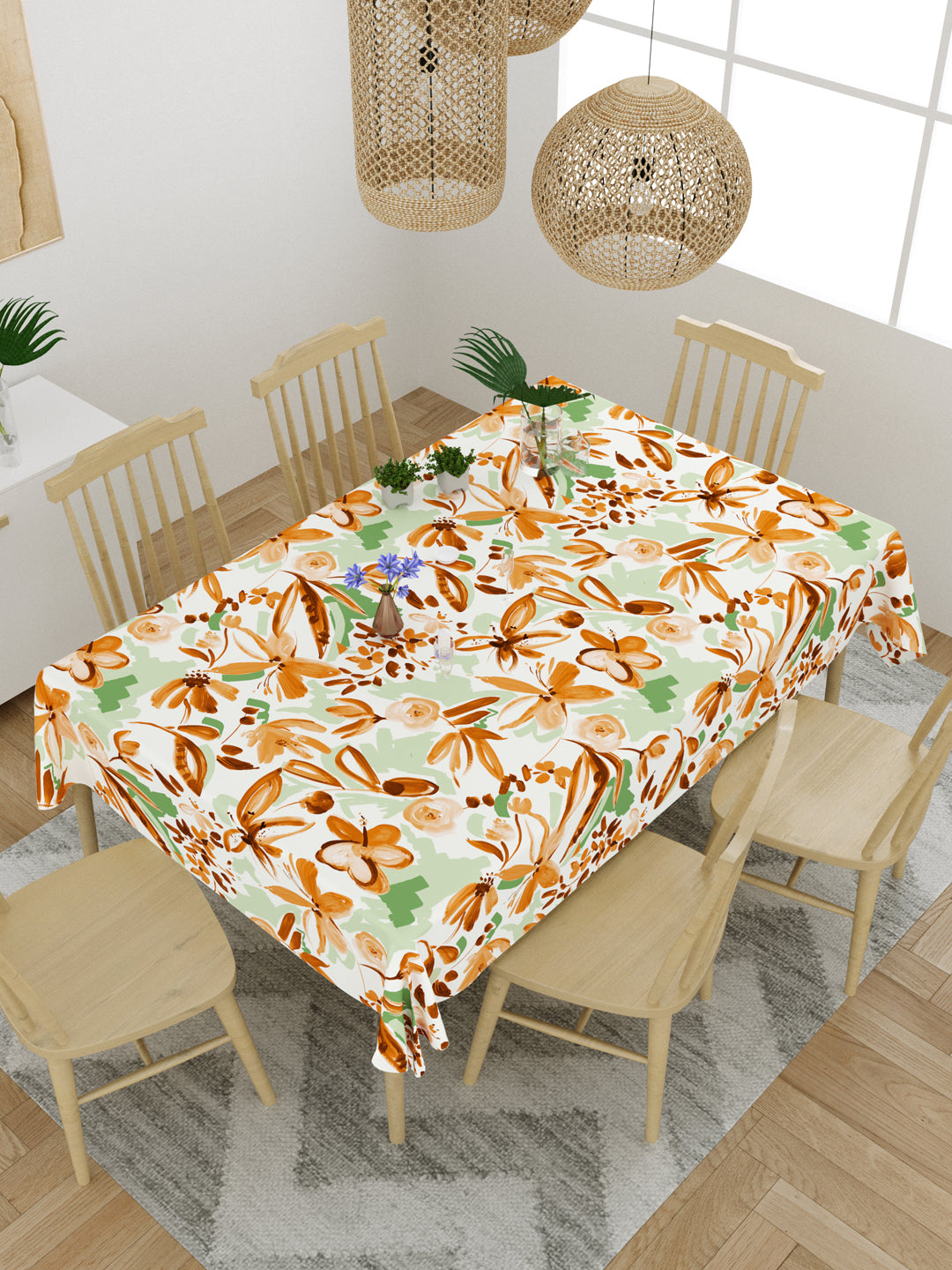 Green and Brown Floral Print 6 Seater Table Cover