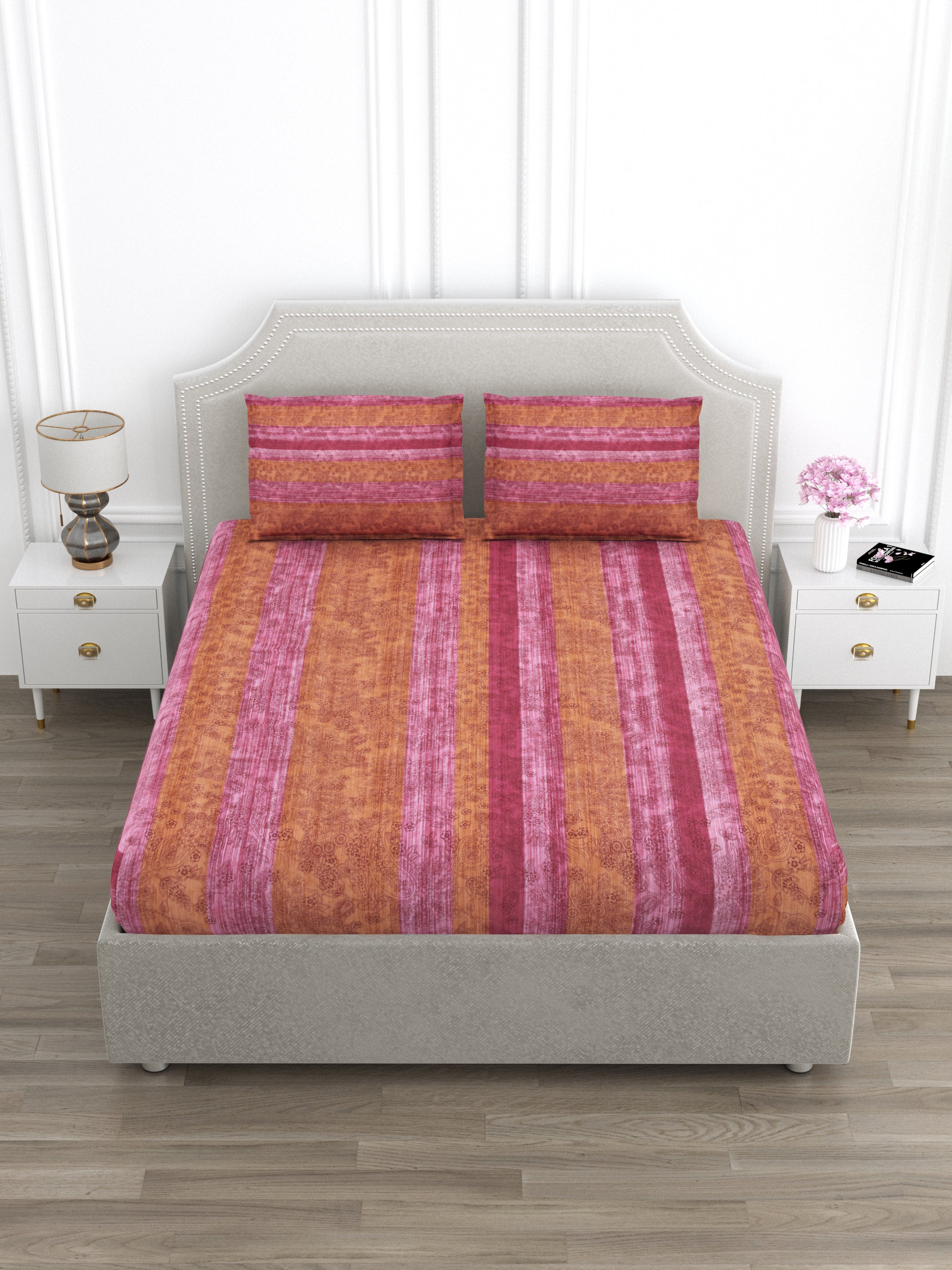 Pink and Orange Super King Size Cotton Bedsheet