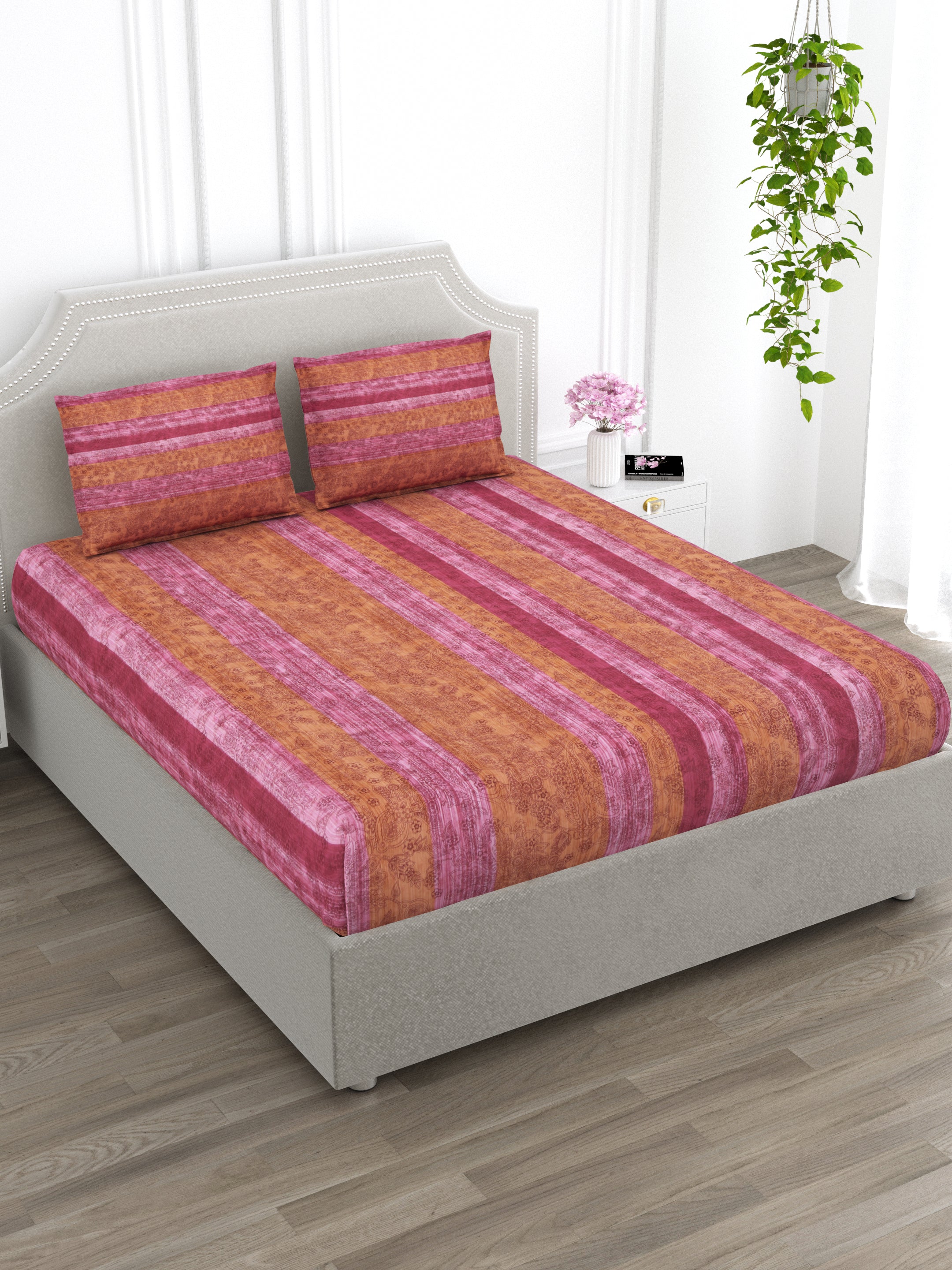 Pink and Orange Super King Size Cotton Bedsheet