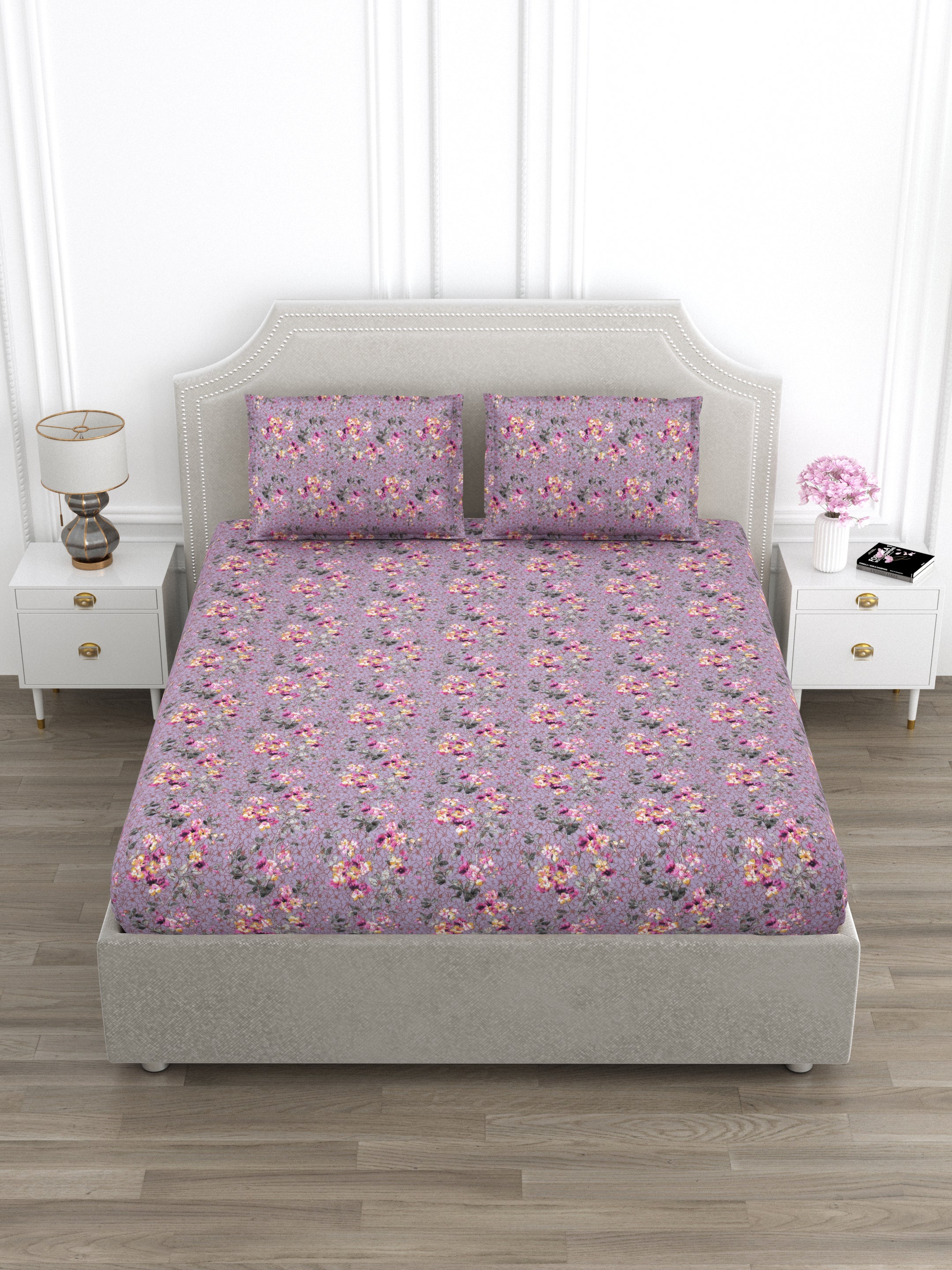 Lavender Floral Super King Size Cotton Bedsheet