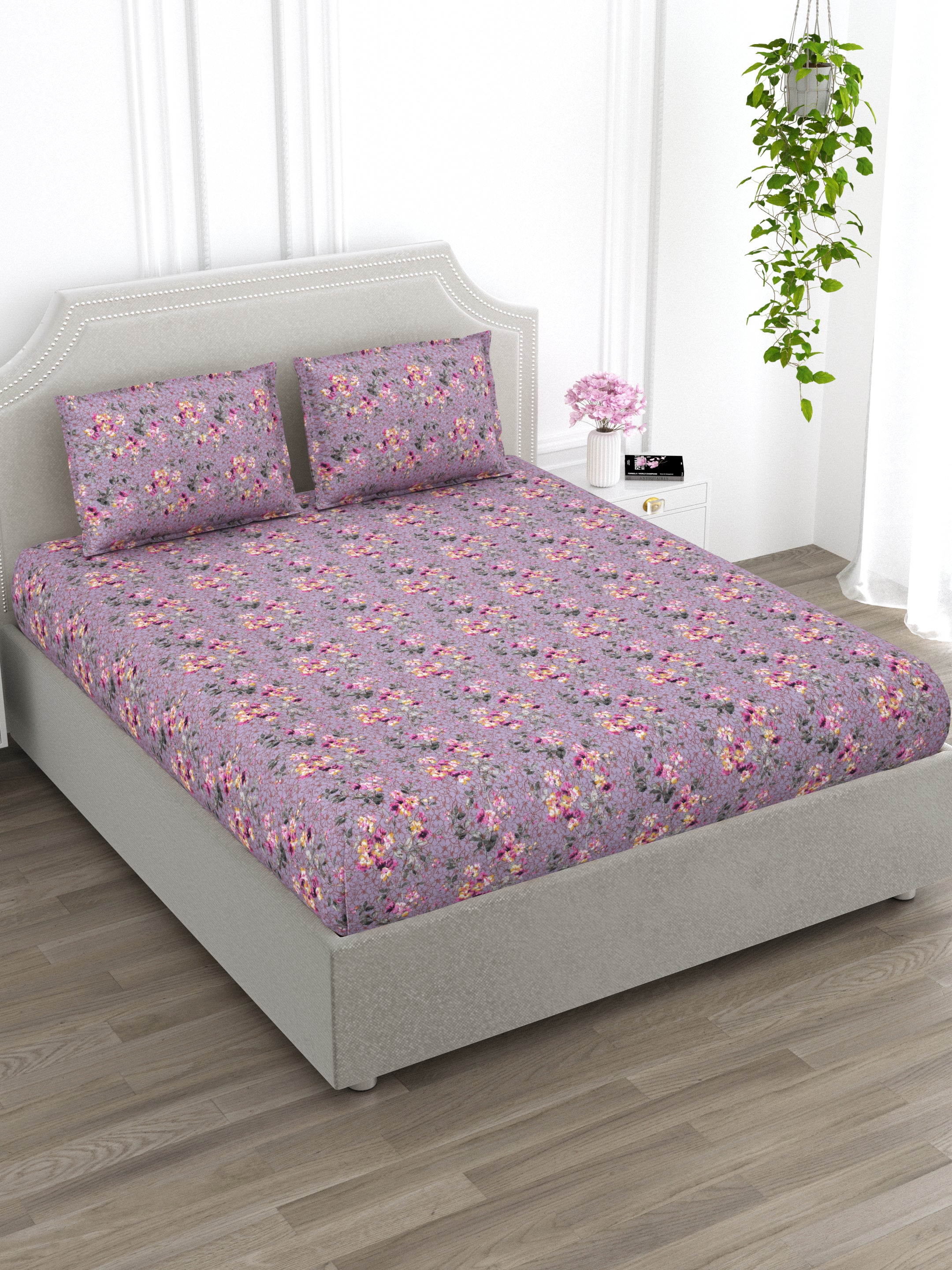 Lavender Floral Super King Size Cotton Bedsheet