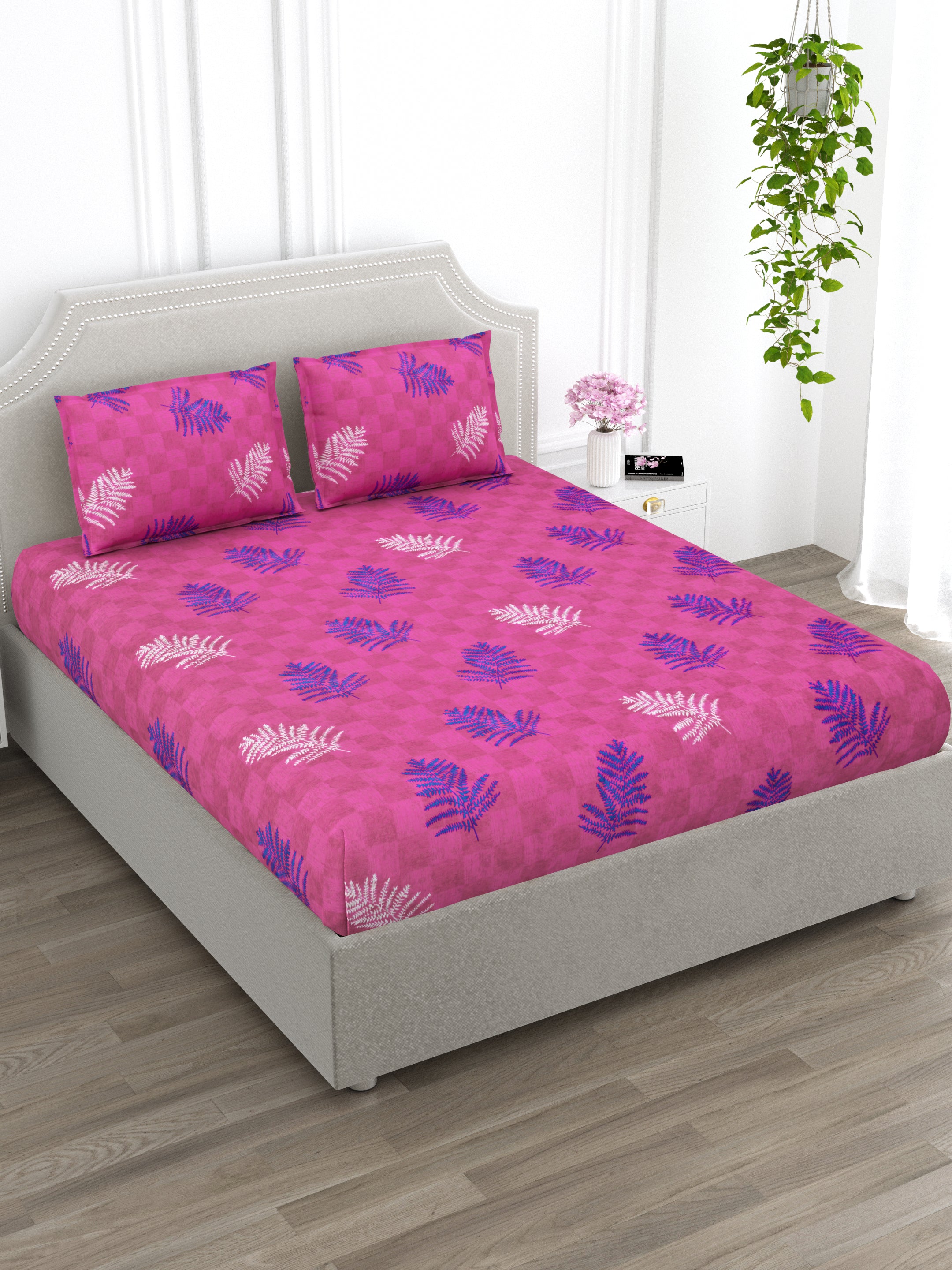 Pink and Blue Ethnic Motifs Super King Size Cotton Bedsheet