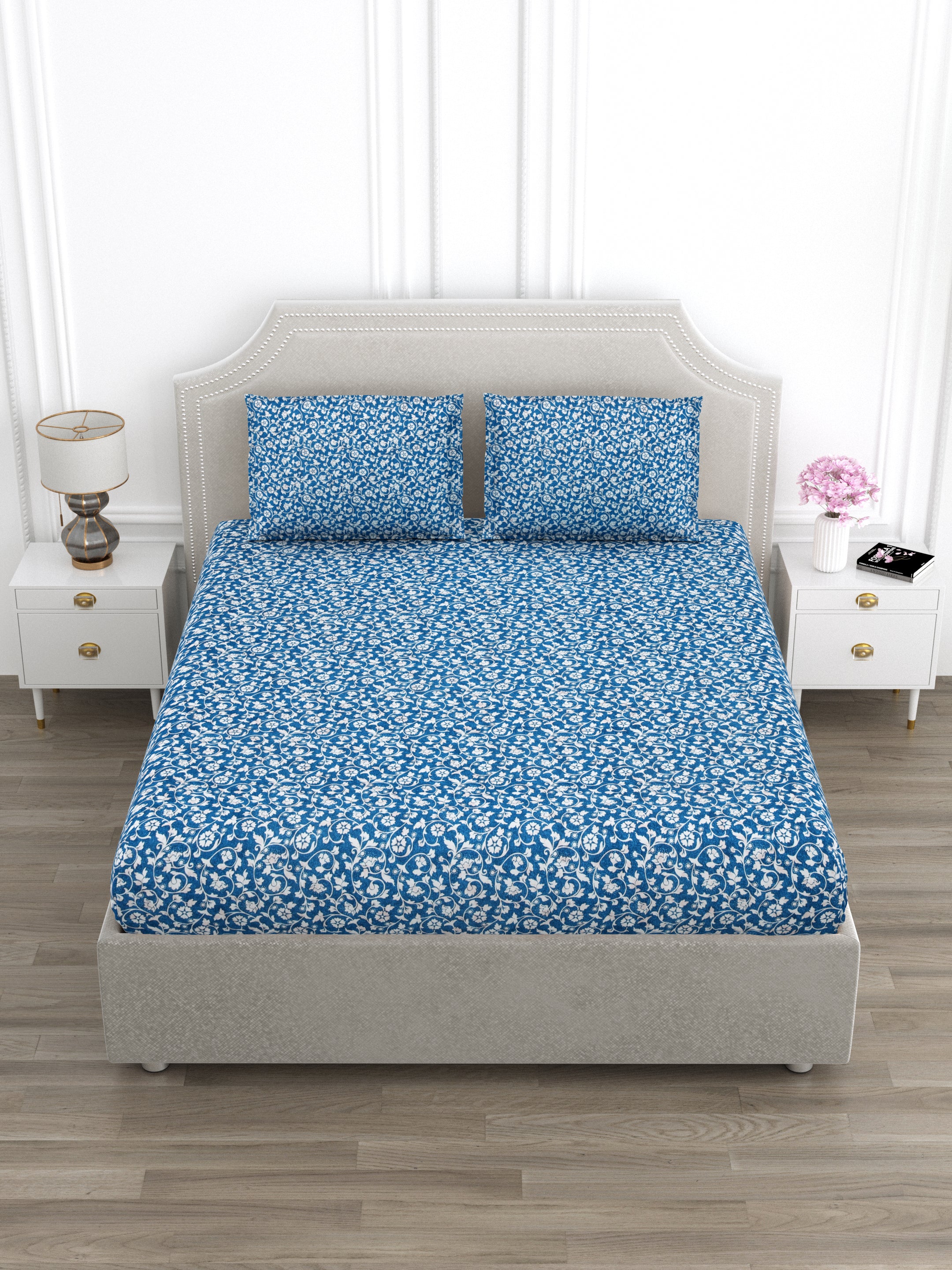 Blue and White Floral Super King Size Cotton Bedsheet