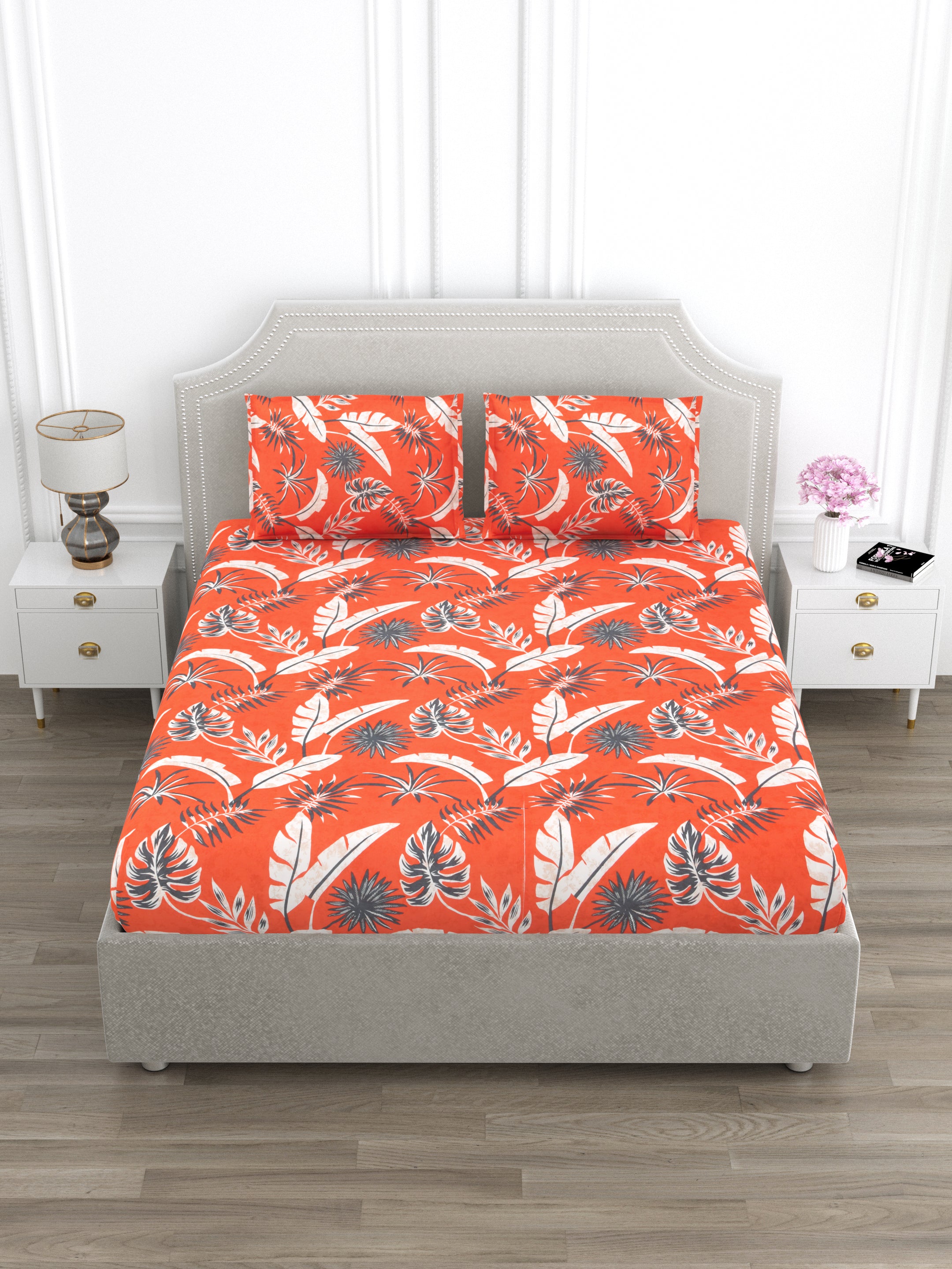 Orange and Grey Floral Super King Size Cotton Bedsheet