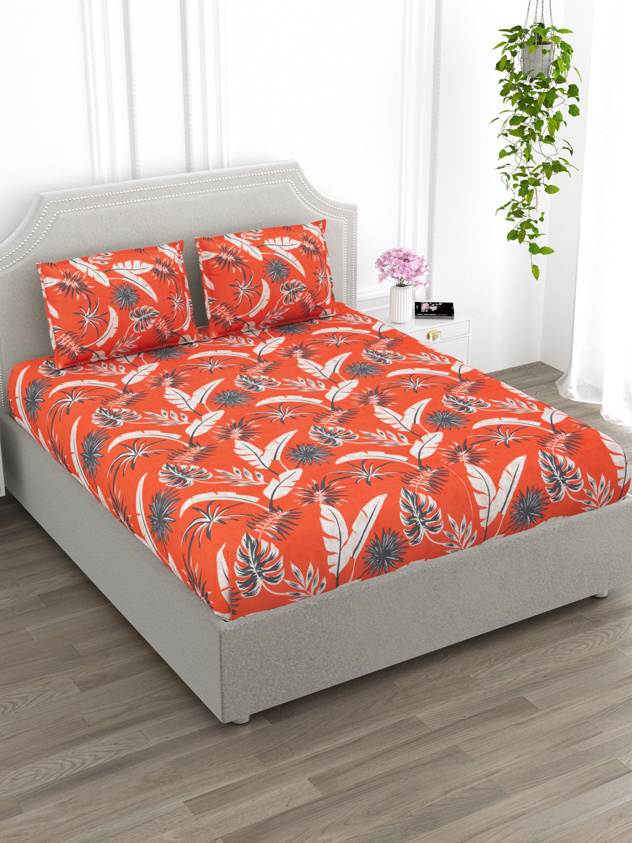 Orange and Grey Floral Super King Size Cotton Bedsheet