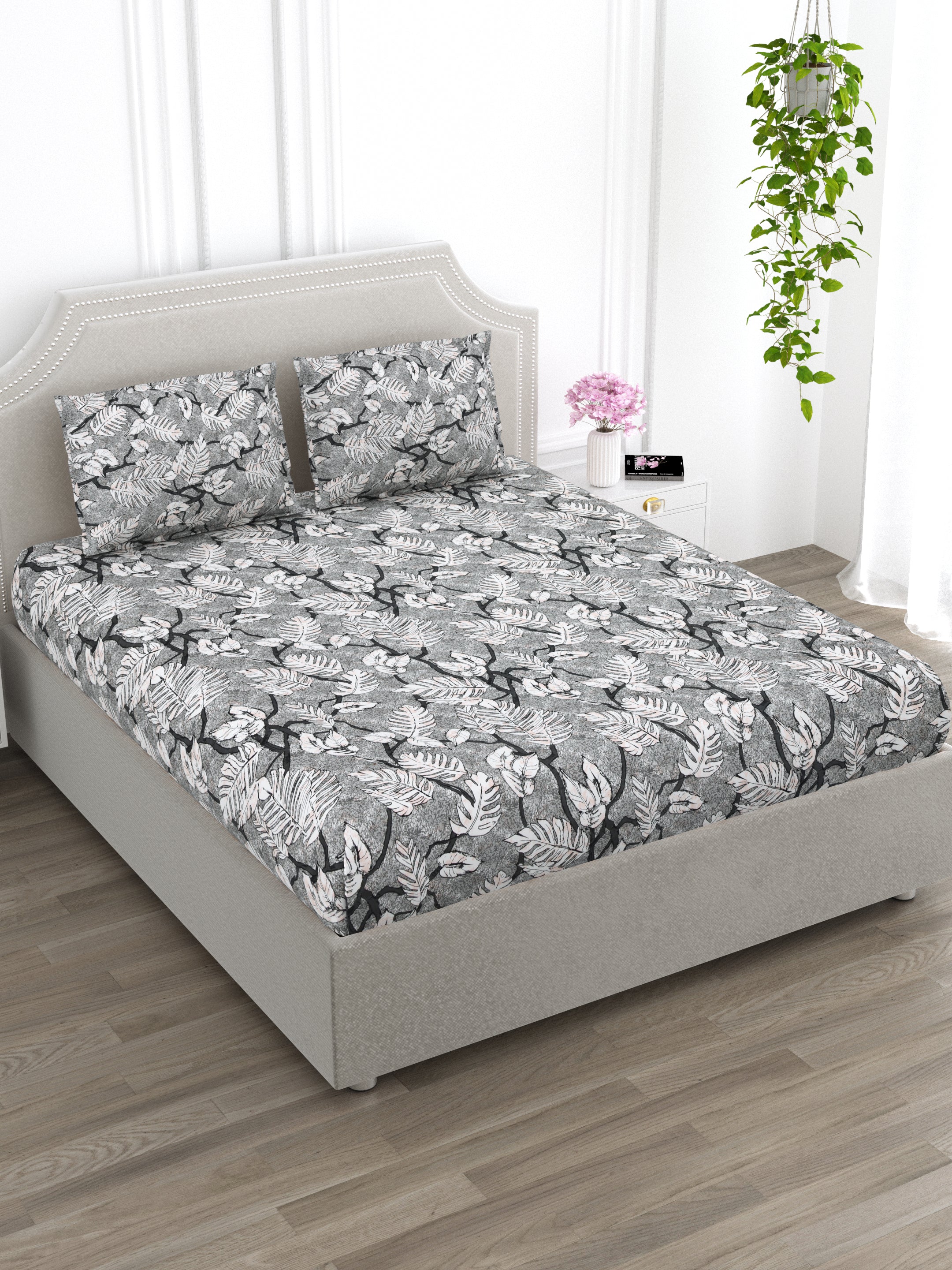 Grey and White Floral Super King Size Cotton Bedsheet