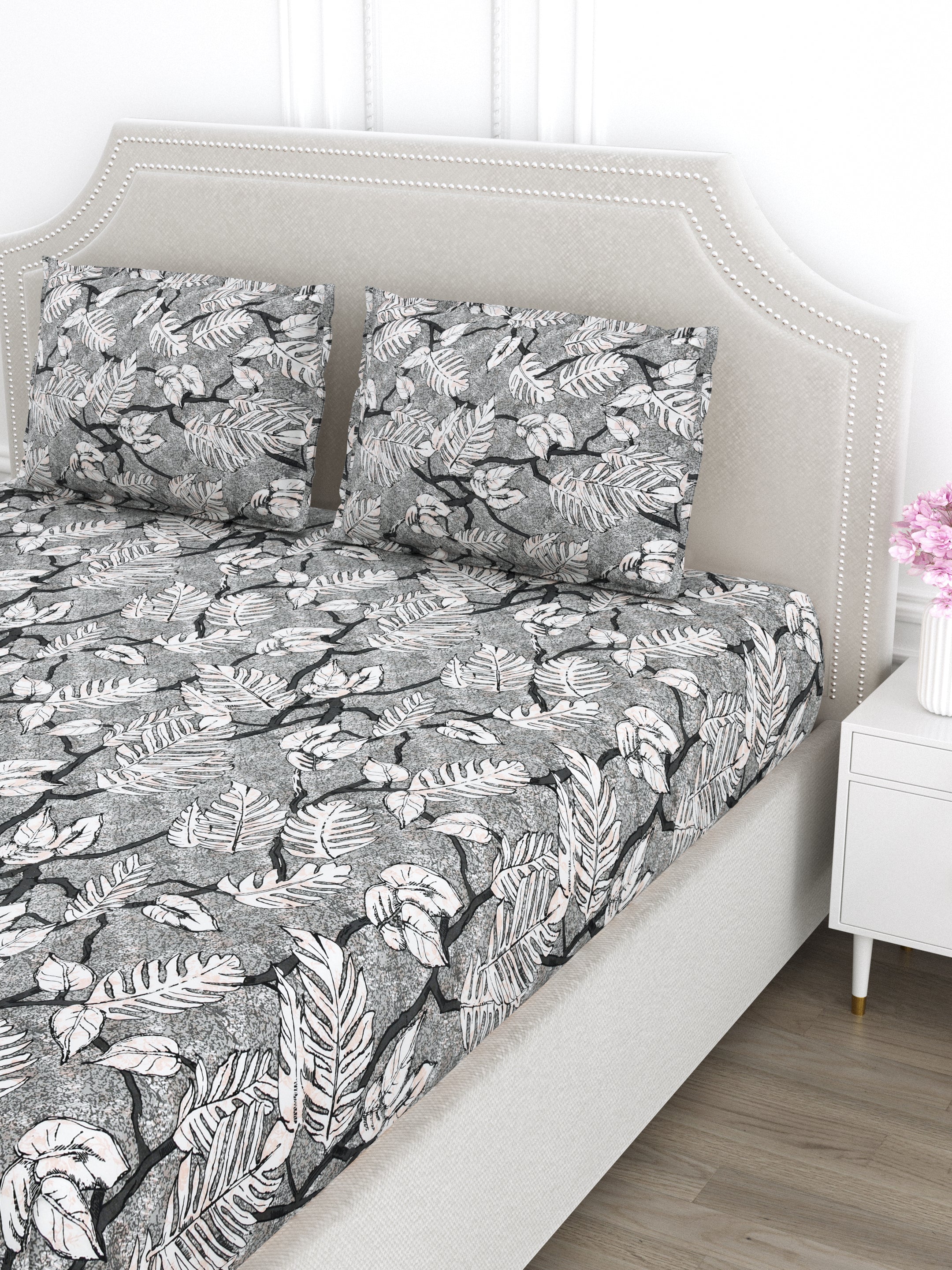Grey and White Floral Super King Size Cotton Bedsheet