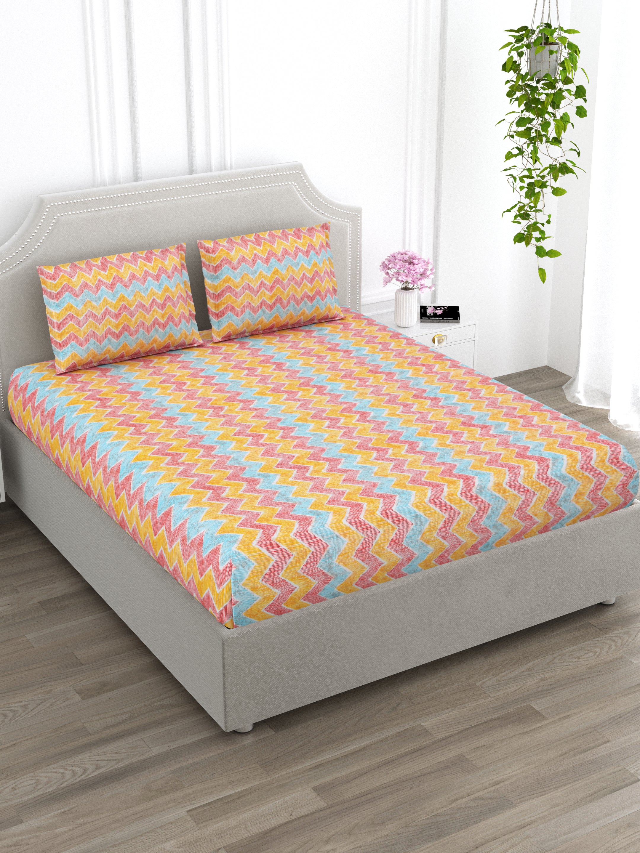 Multi Color Geometric Super King Size Cotton Bedsheet