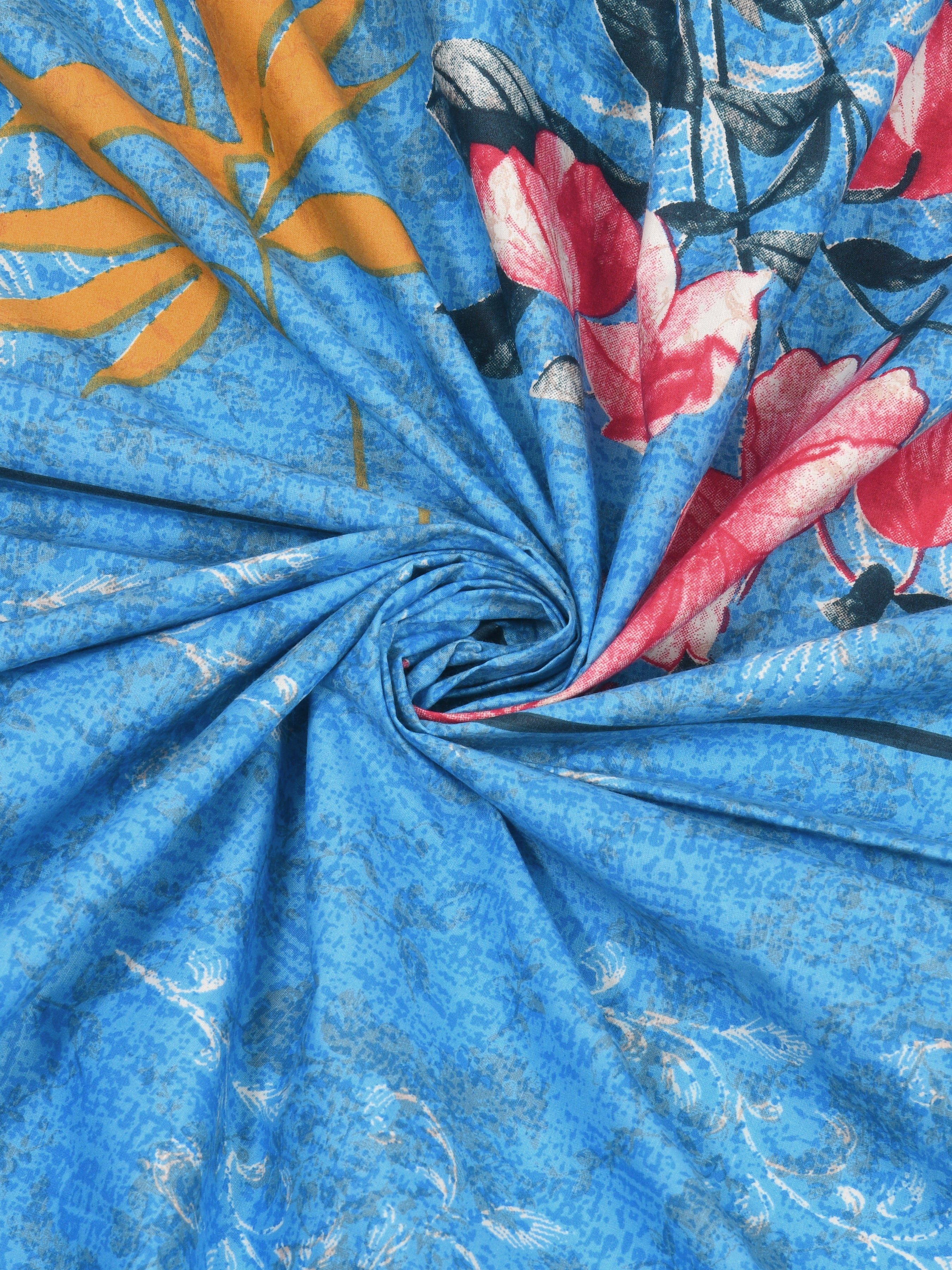 Sky Blue Floral Super King Size Cotton Bedsheet