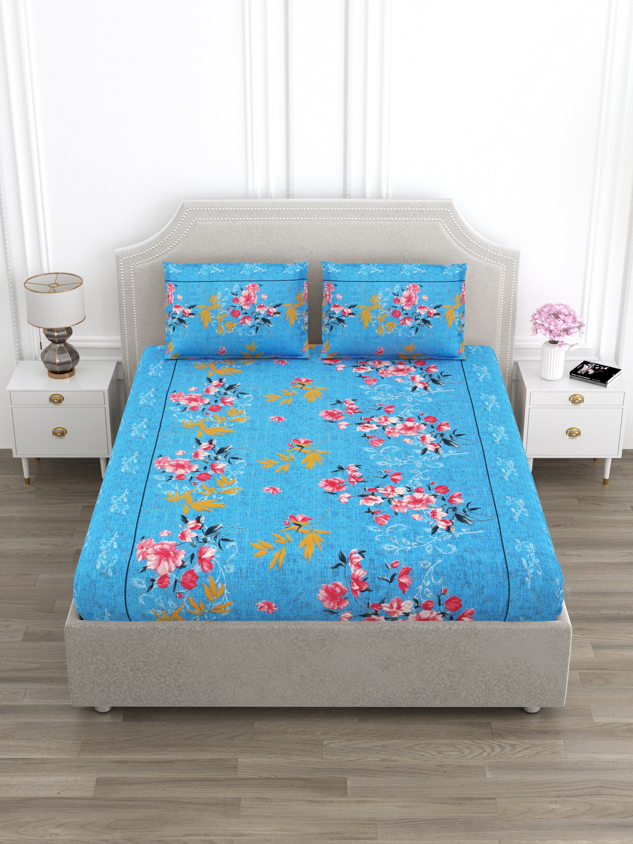 Sky Blue Floral Super King Size Cotton Bedsheet