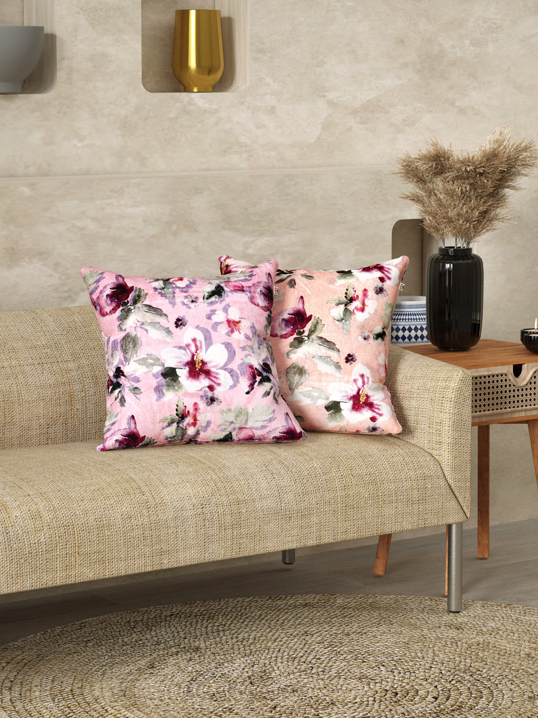 Peach & Purple Set of 2 water color based floral cushion covers