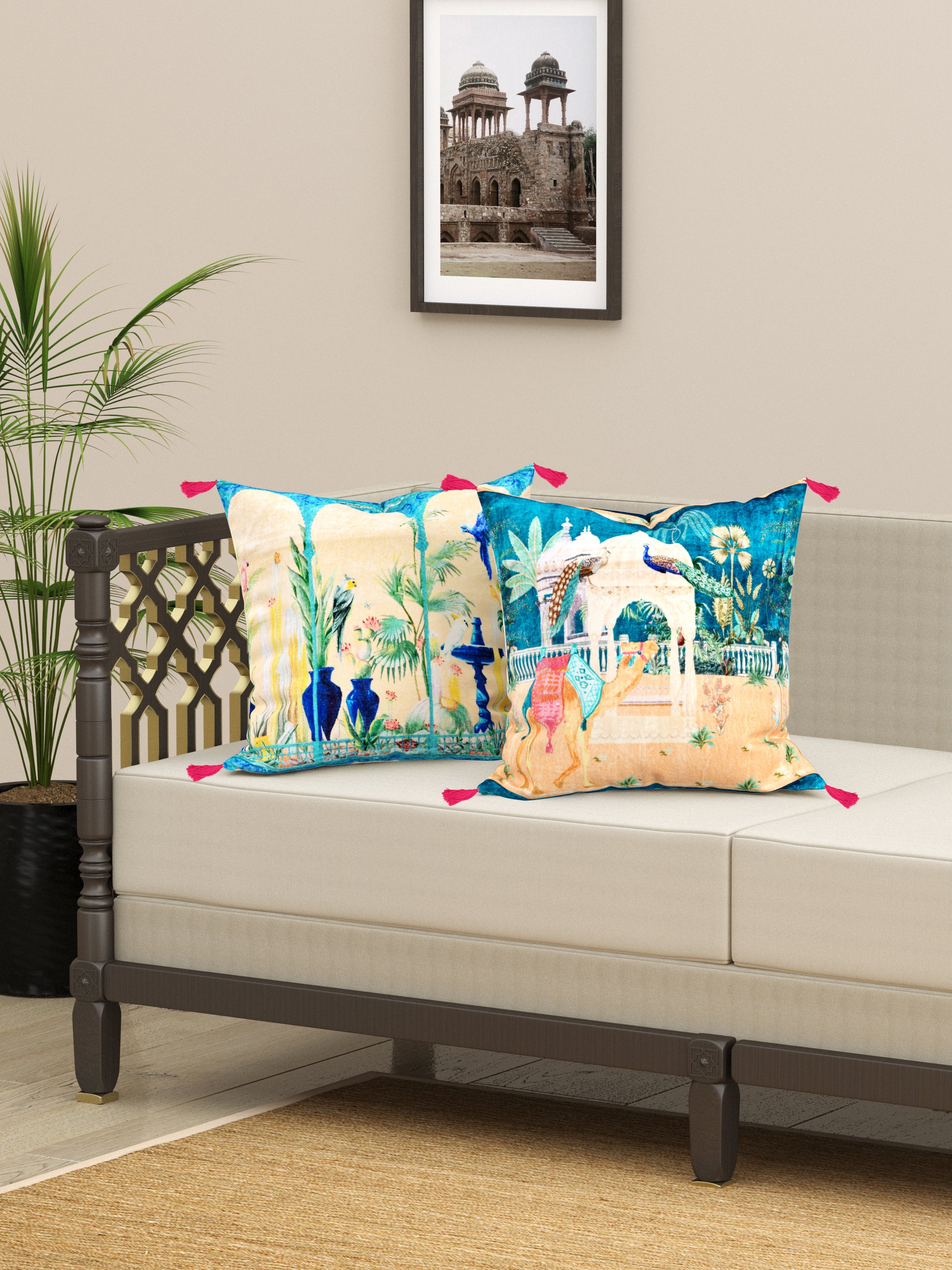Blue Mughal Theme set of 2 Digital Print Cushion Covers
