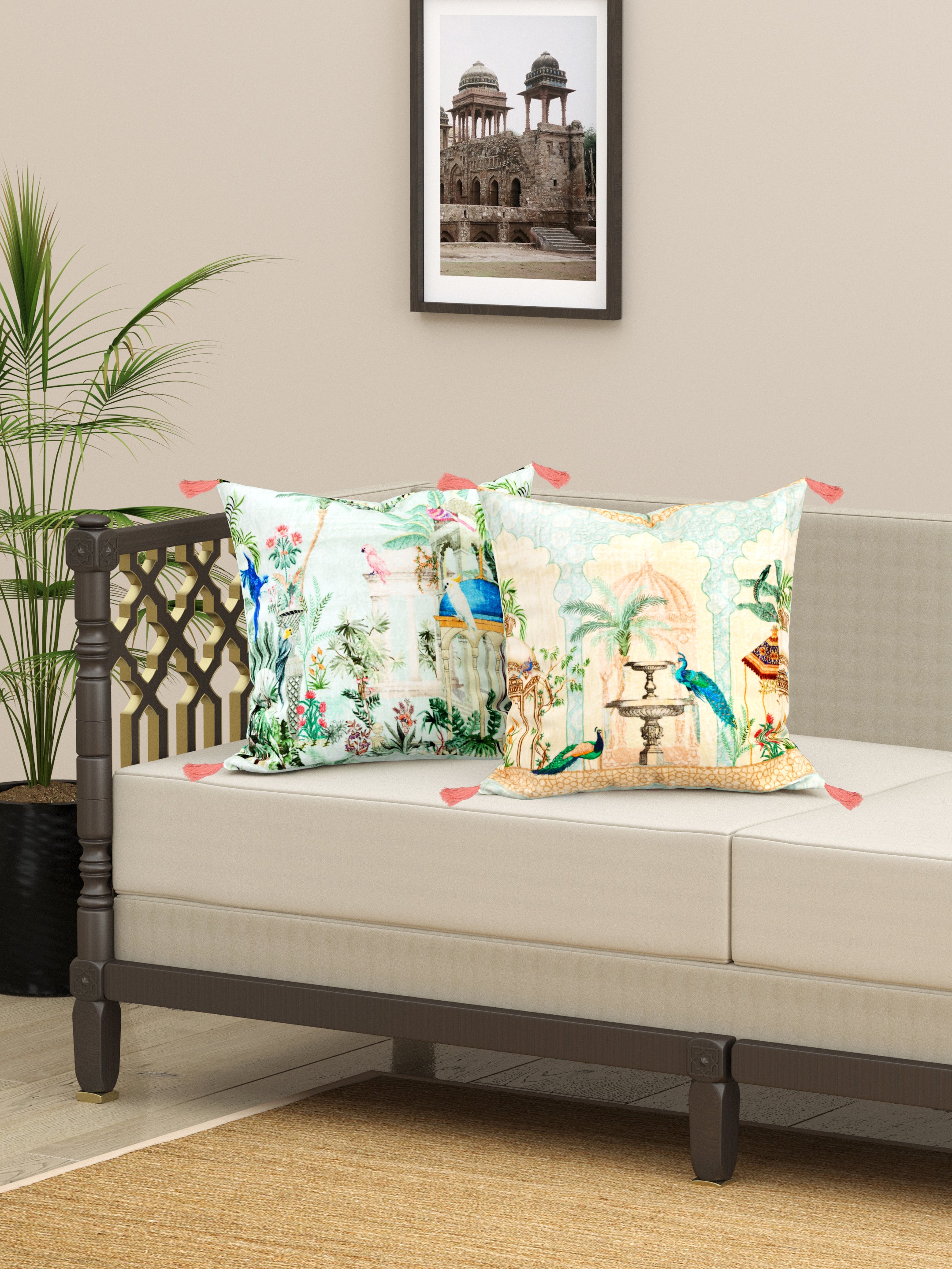 Green Mughal Theme set of 2 Digital Print Cushion Covers
