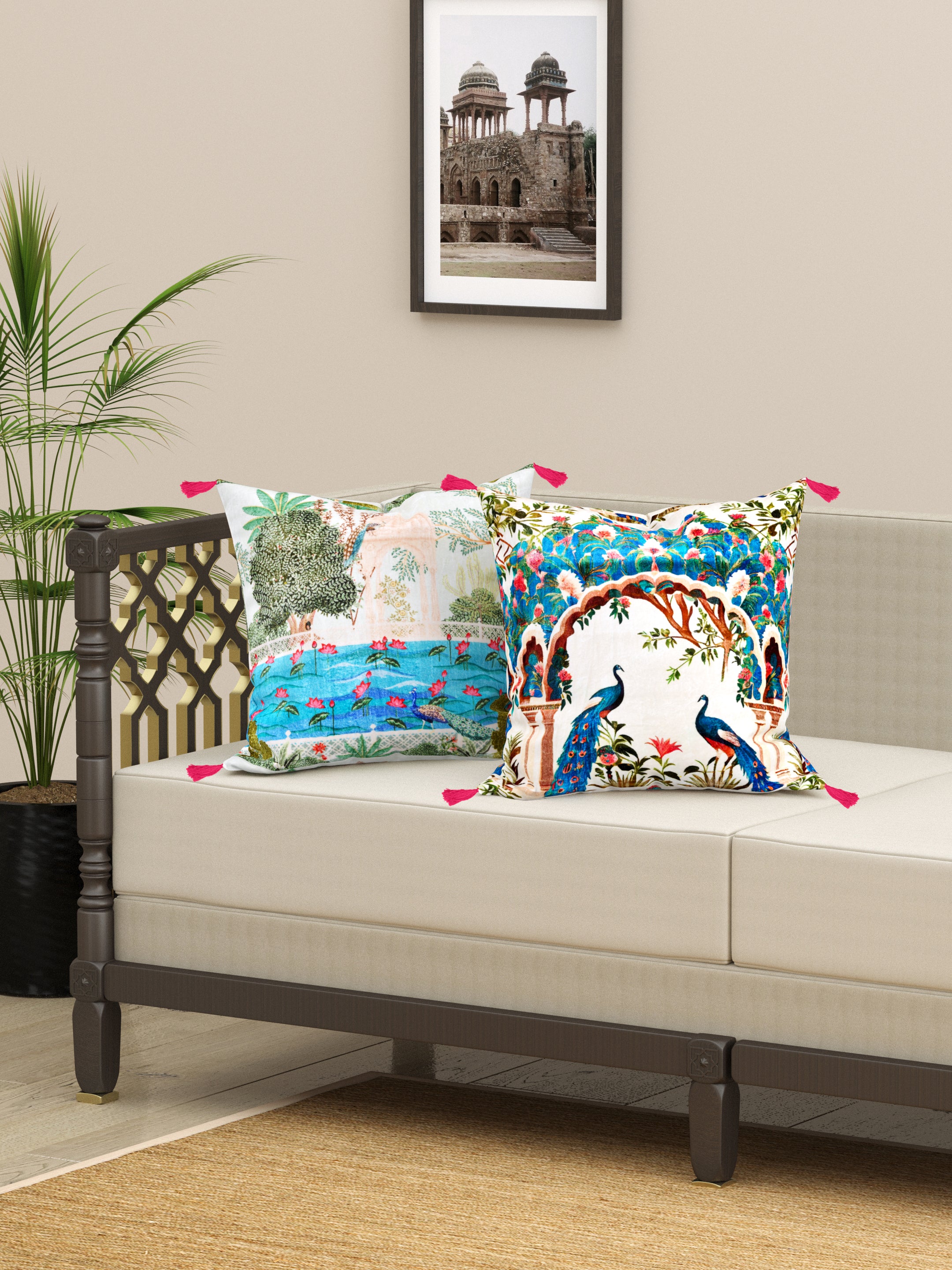 Blue & Pink Mughal Theme set of 2 Digital Print Cushion Covers