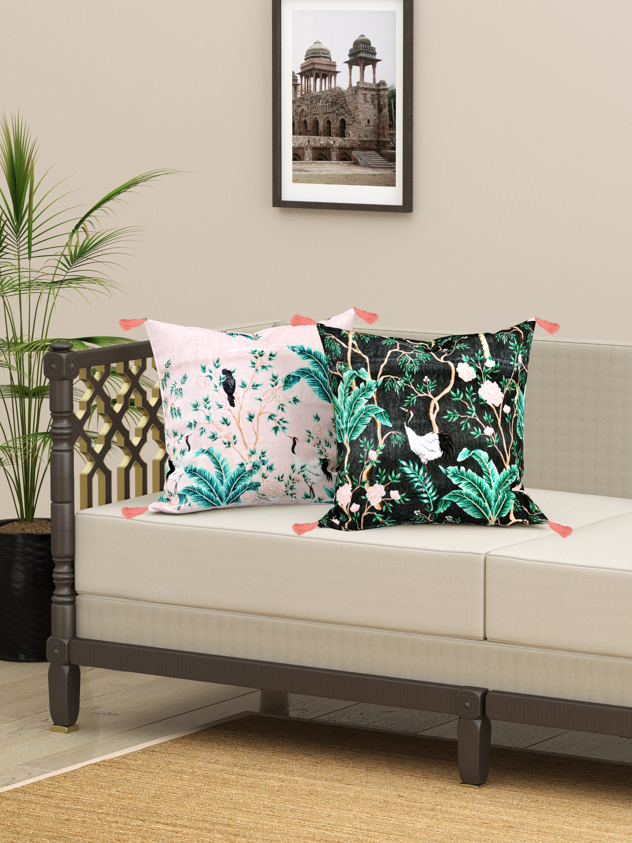 Chinoiserie Theme Pink & Dark Grey set of 2 Digital  Print Cushion Covers