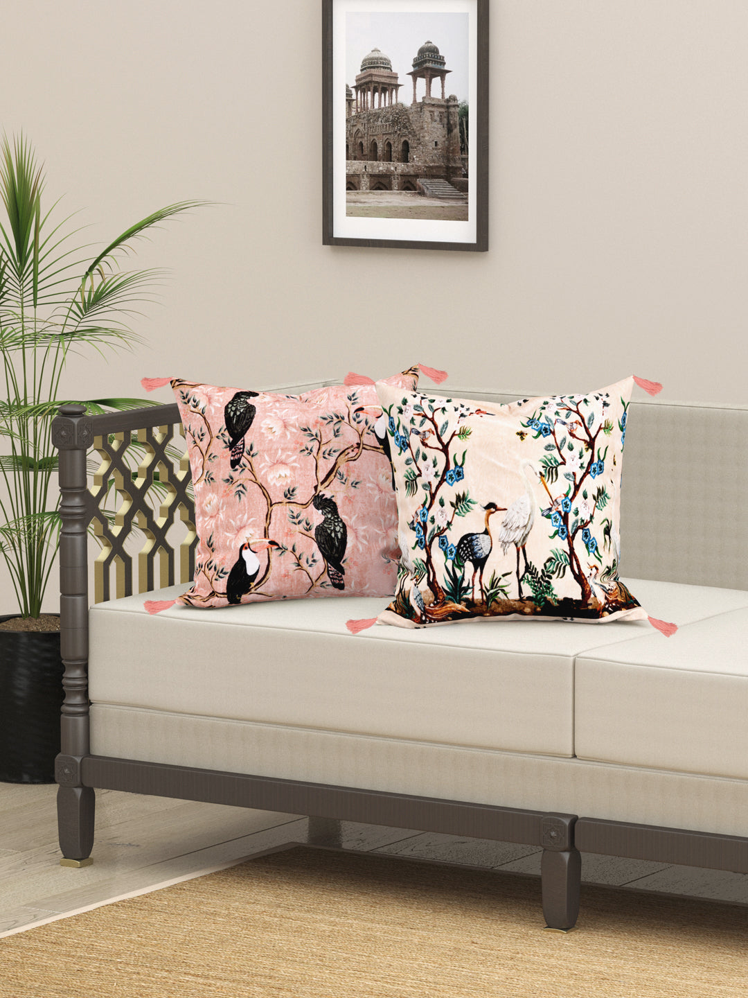 Pink & Peach Chinoiserie Theme based set of 2 Digital  Print Cushion Covers