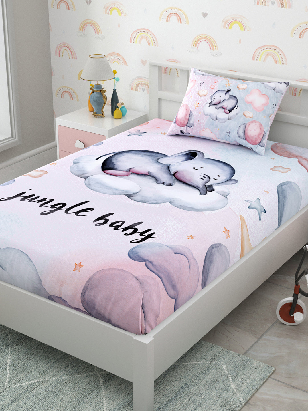 Pink & Grey Elephant Panel Print Kids Bedsheet