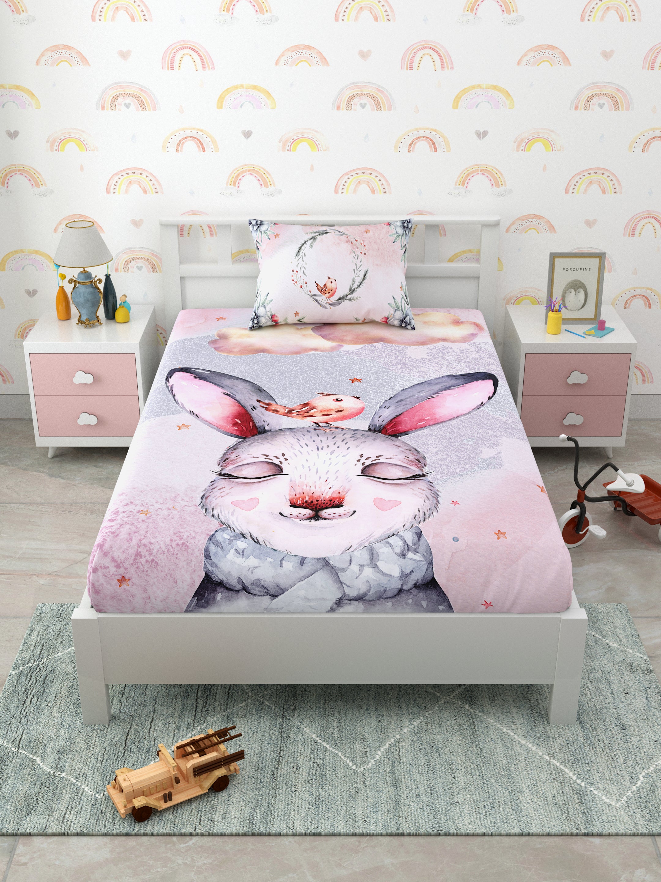 Pink Bunny Panel Print Kids Bedsheet