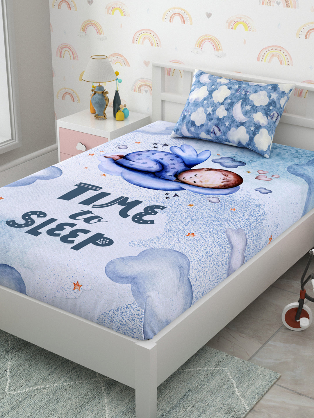 "Time to Sleep" Blue Panel Print Kids Bedsheet
