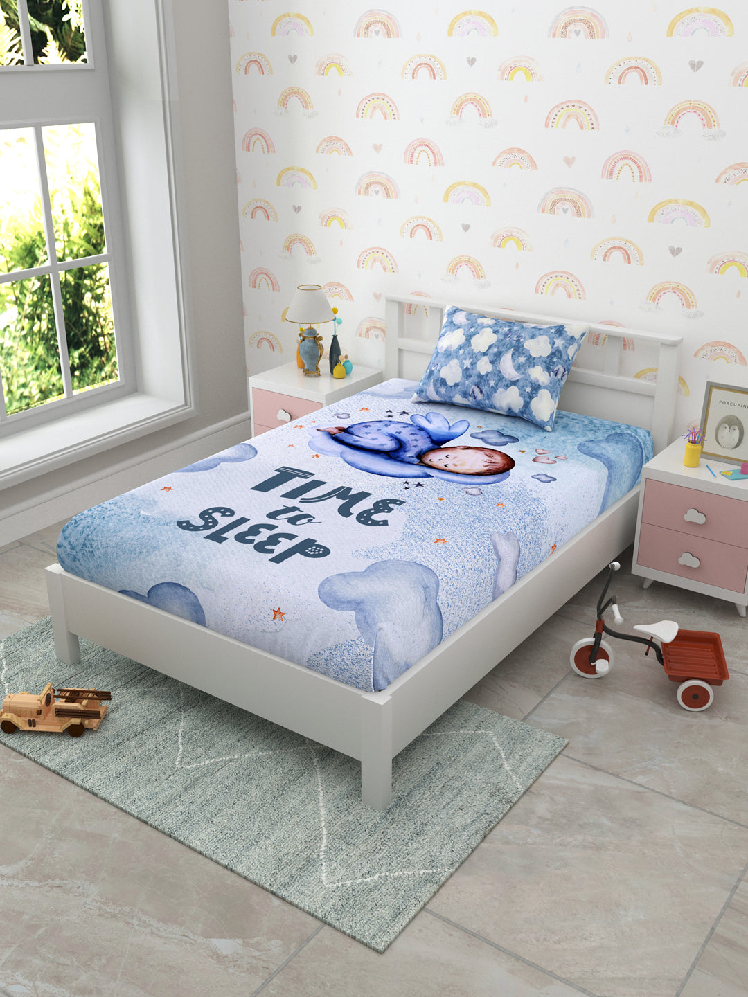 "Time to Sleep" Blue Panel Print Kids Bedsheet