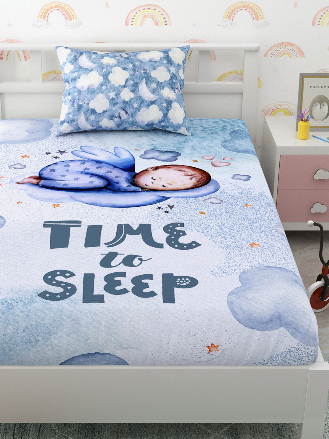 "Time to Sleep" Blue Panel Print Kids Bedsheet