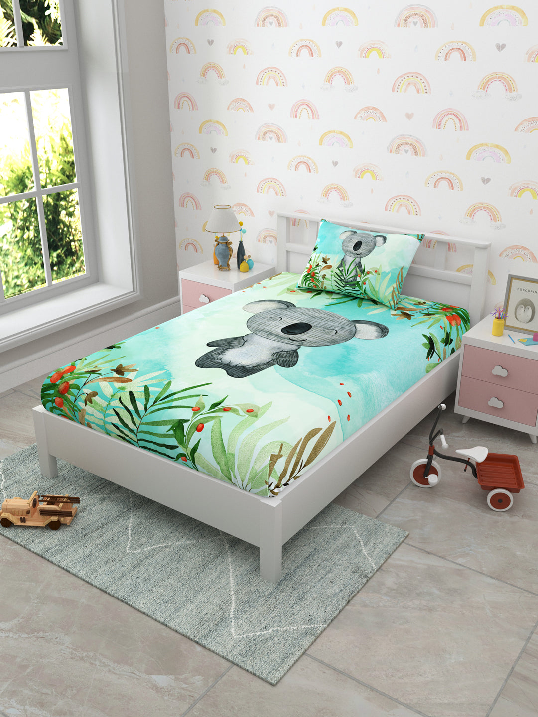 Green & Grey Bear Panel Print Kids Bedsheet