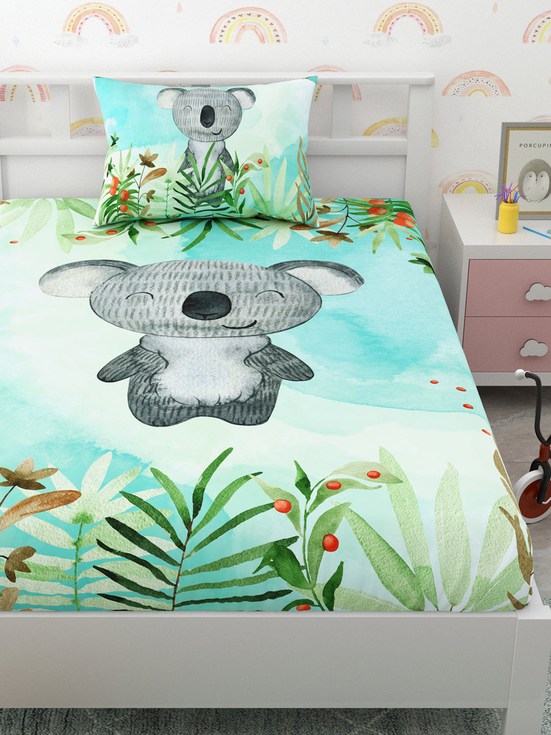 Green & Grey Bear Panel Print Kids Bedsheet