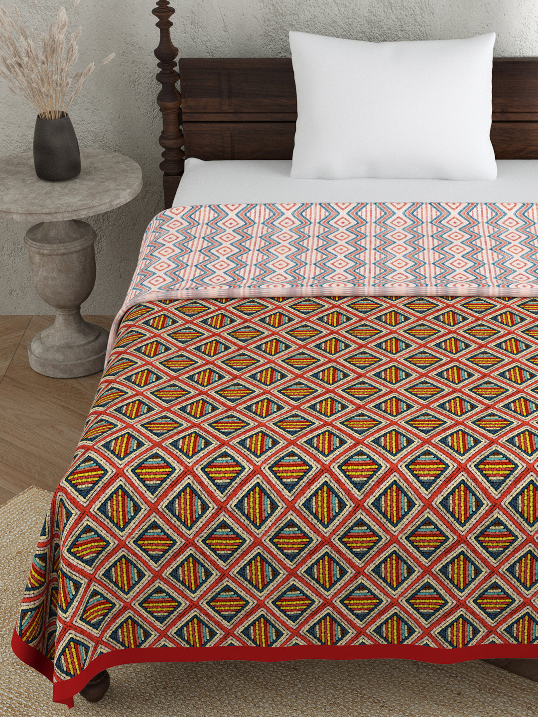 Red and Yellow Geometric Print Reversible Cotton Dohar