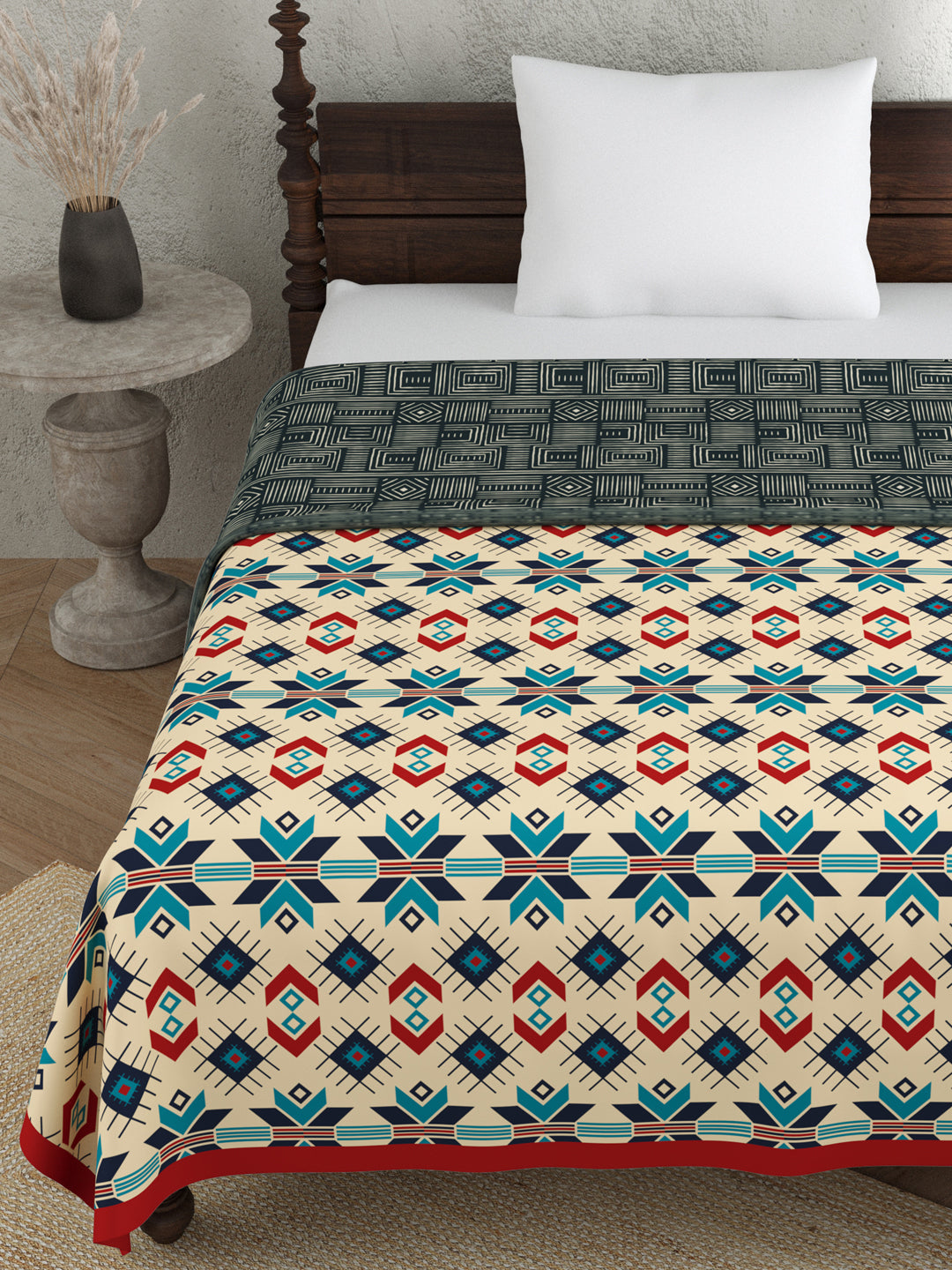 Beige & Blue Geometric Print Reversible Cotton Dohar