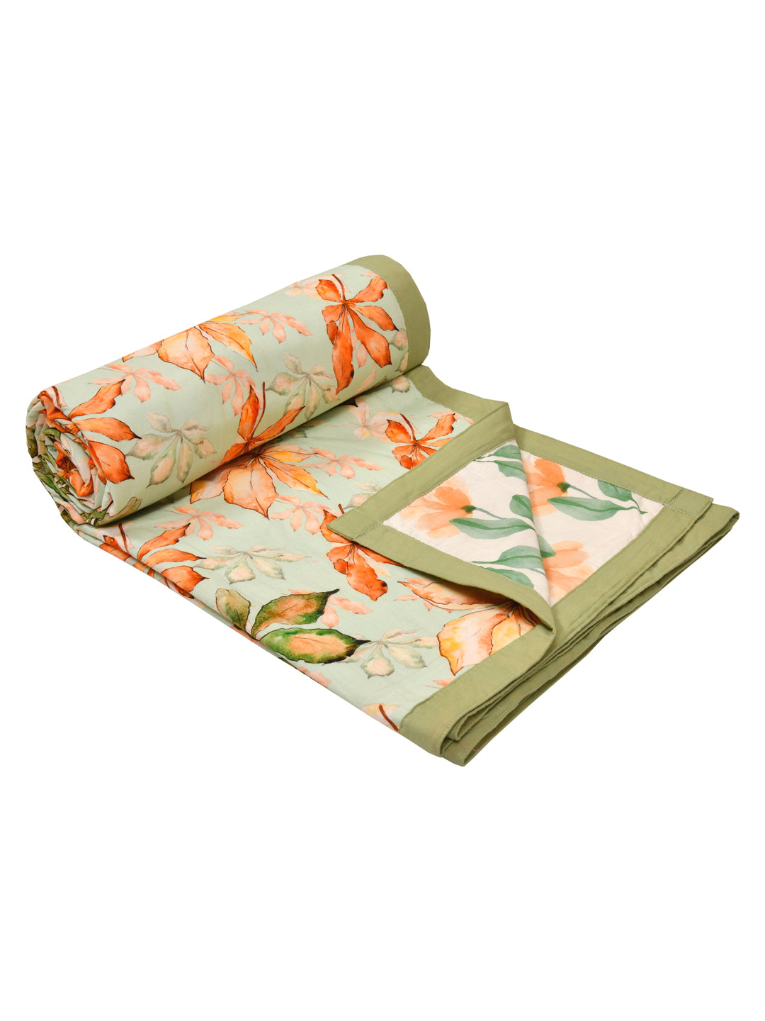 Green and Orange Floral Print Reversible Cotton Dohar
