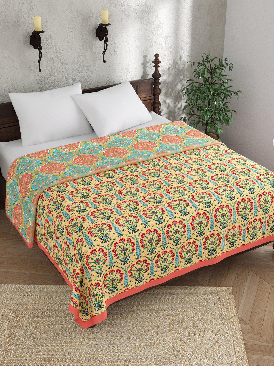 Blue & Yellow Ethnic Motifs AC Room 120 GSM Double Bed Dohar