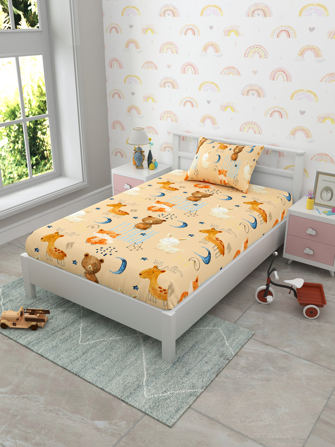 Yellow Animal Character Doodle Print Kids Single Bedsheet