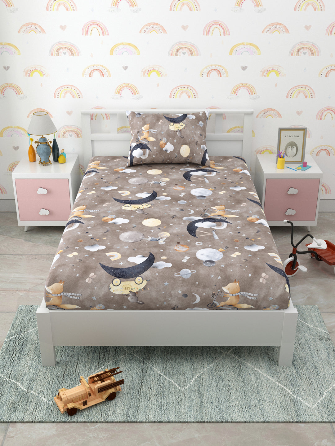 Brown Animal Cartoon Print Kids Single Bedsheet