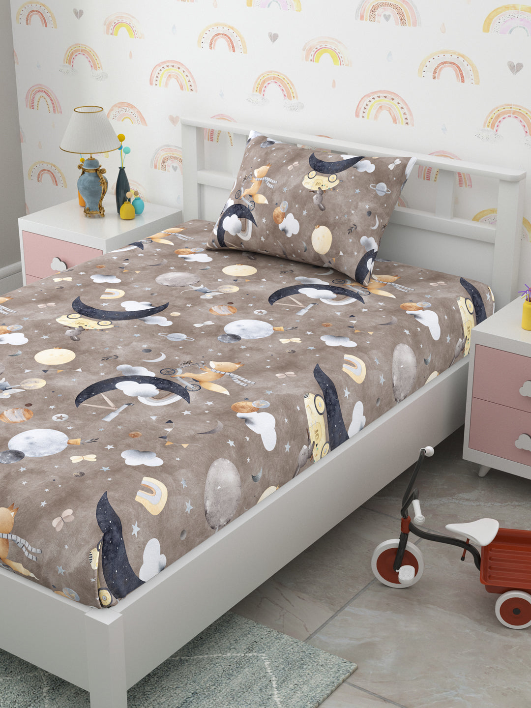 Brown Animal Cartoon Print Kids Single Bedsheet