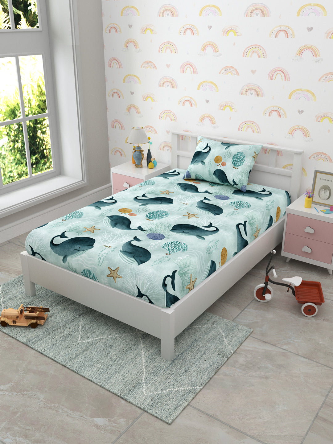 Blue Baby Whale Print Kids Single Bedsheet
