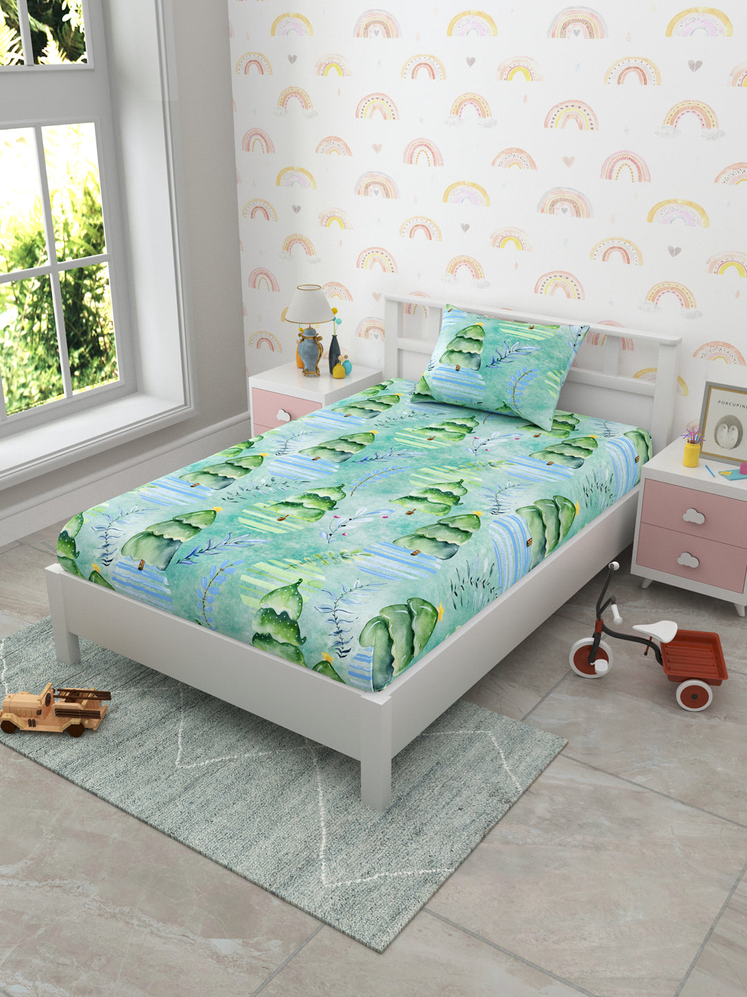 Green Floral Print Kids Single Bedsheet