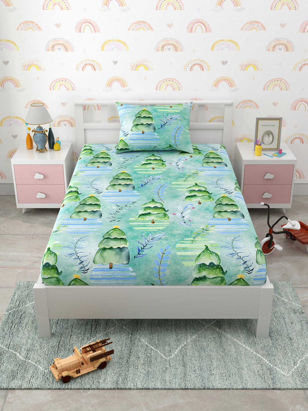 Green Floral Print Kids Single Bedsheet