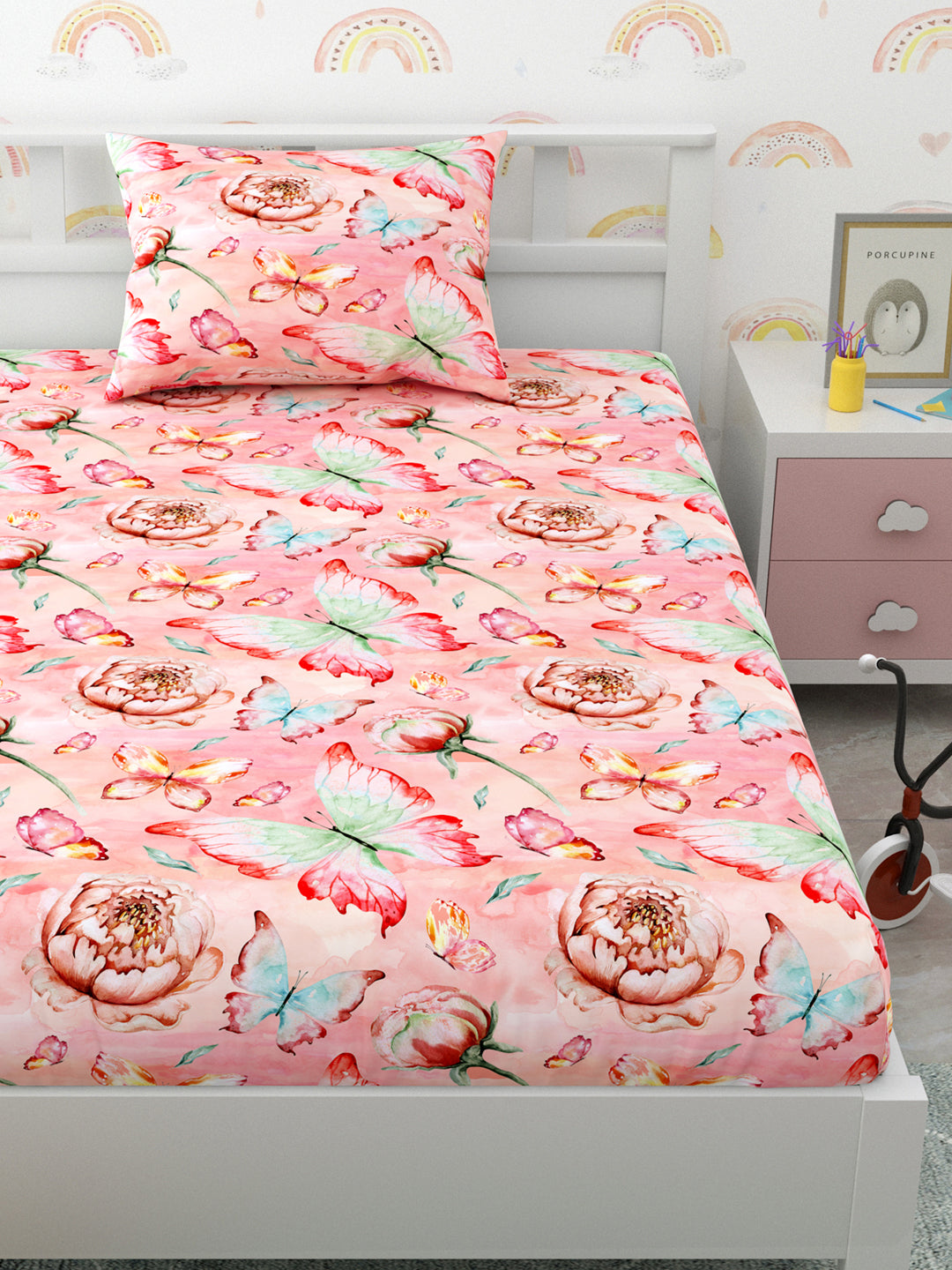 Pink Butterfly Print Kids Single Bedsheet