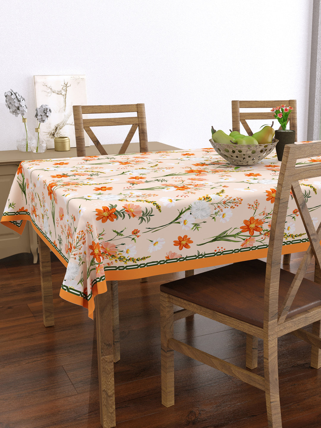 Orange Floral Print Rectangular 4 Seater Table Cover