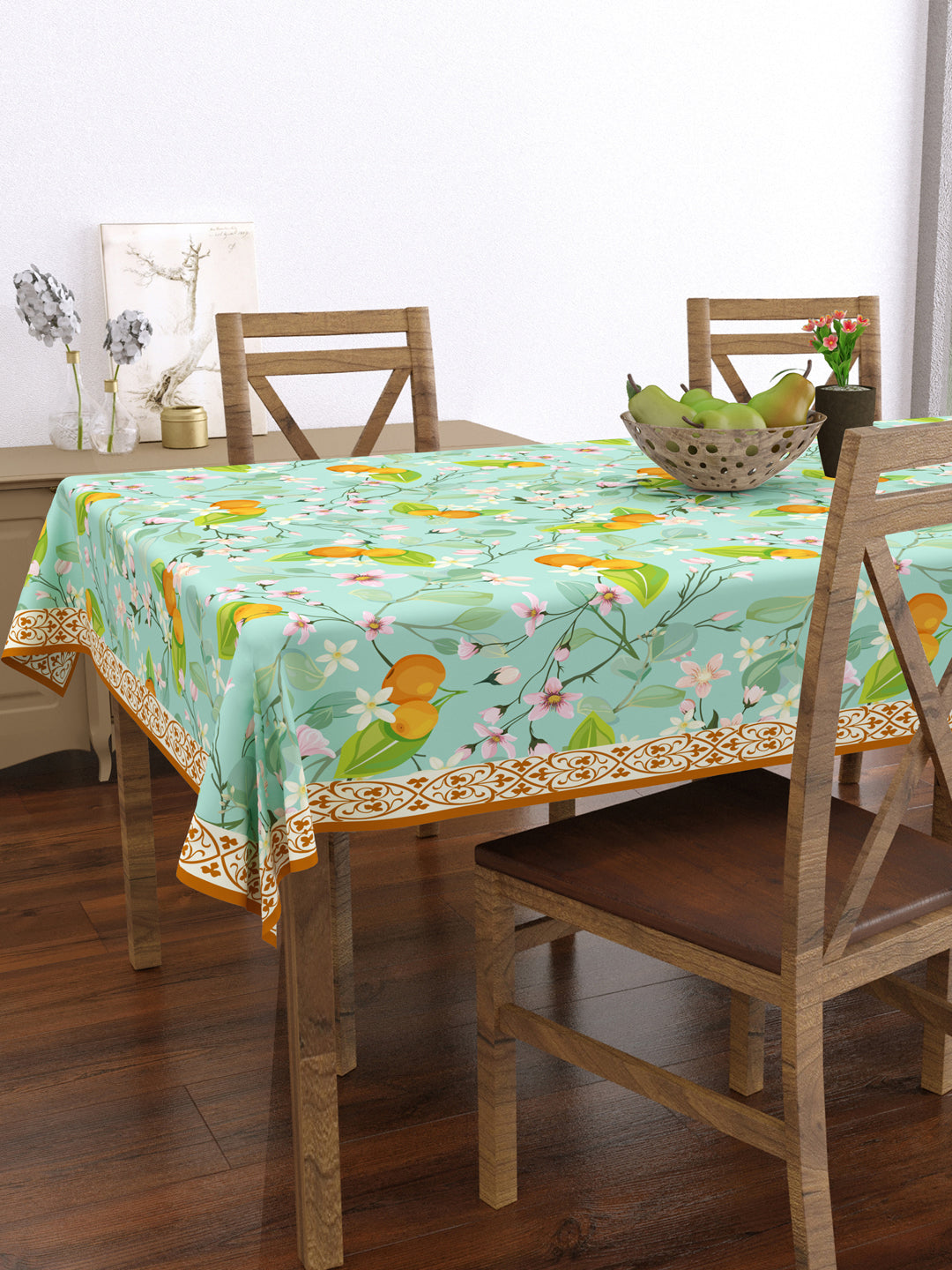 Turquoise and Orange Botanical Print 4 Seater Table Cover