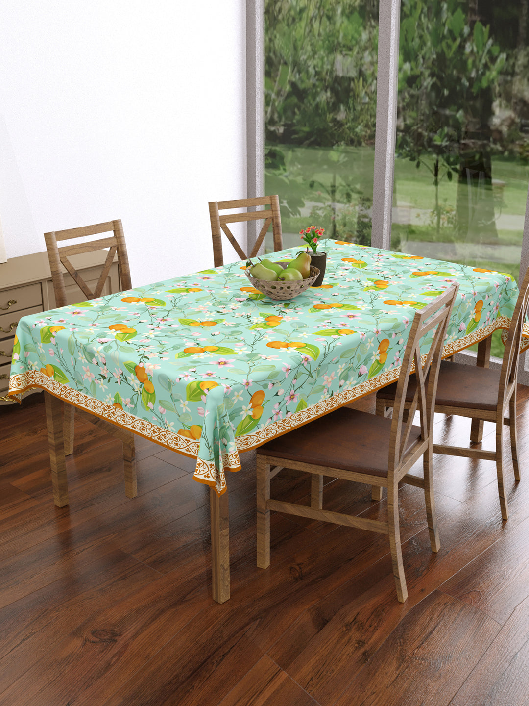 Turquoise and Orange Botanical Print 4 Seater Table Cover