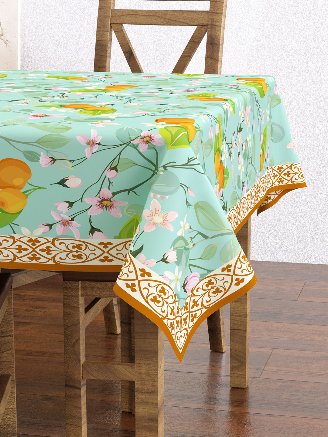 Turquoise and Orange Botanical Print 4 Seater Table Cover