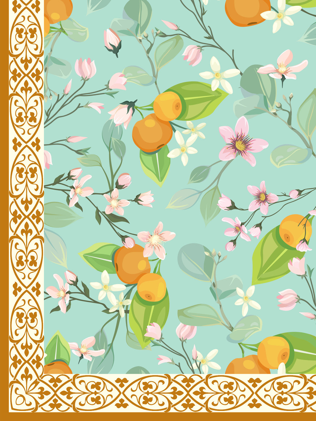 Turquoise and Orange Botanical Print 4 Seater Table Cover