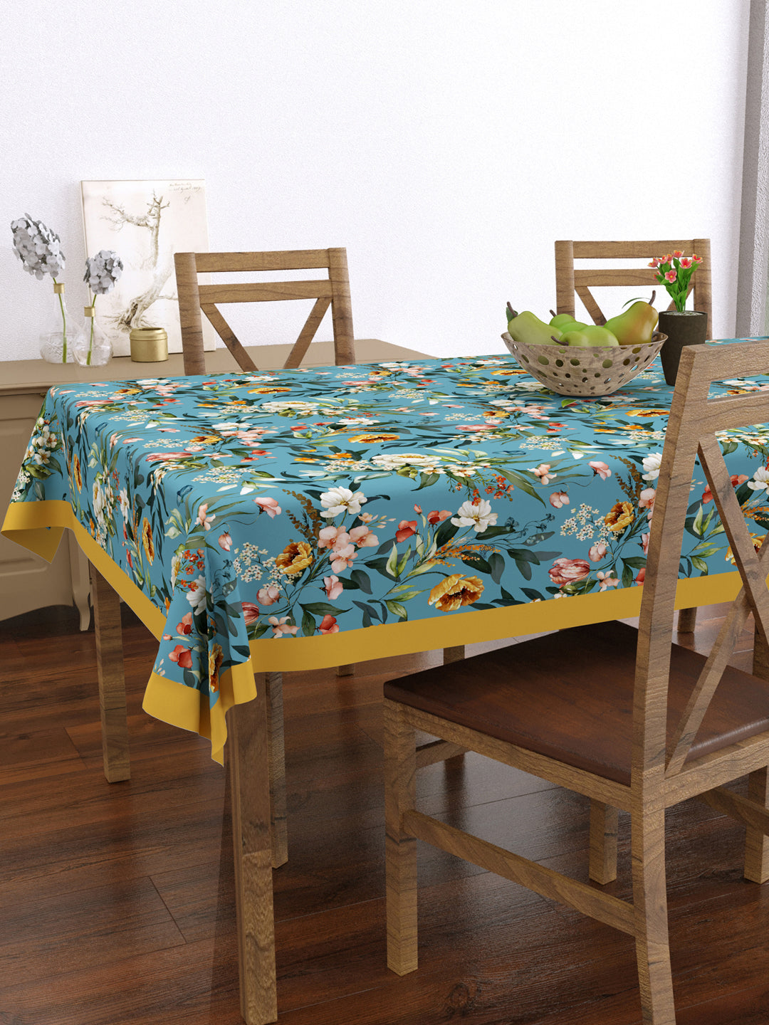 Blue Floral Print Rectangular 4 Seater Table Cover