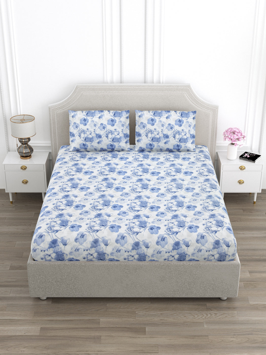 Grey and Blue Floral King Size Bed Cotton Linen