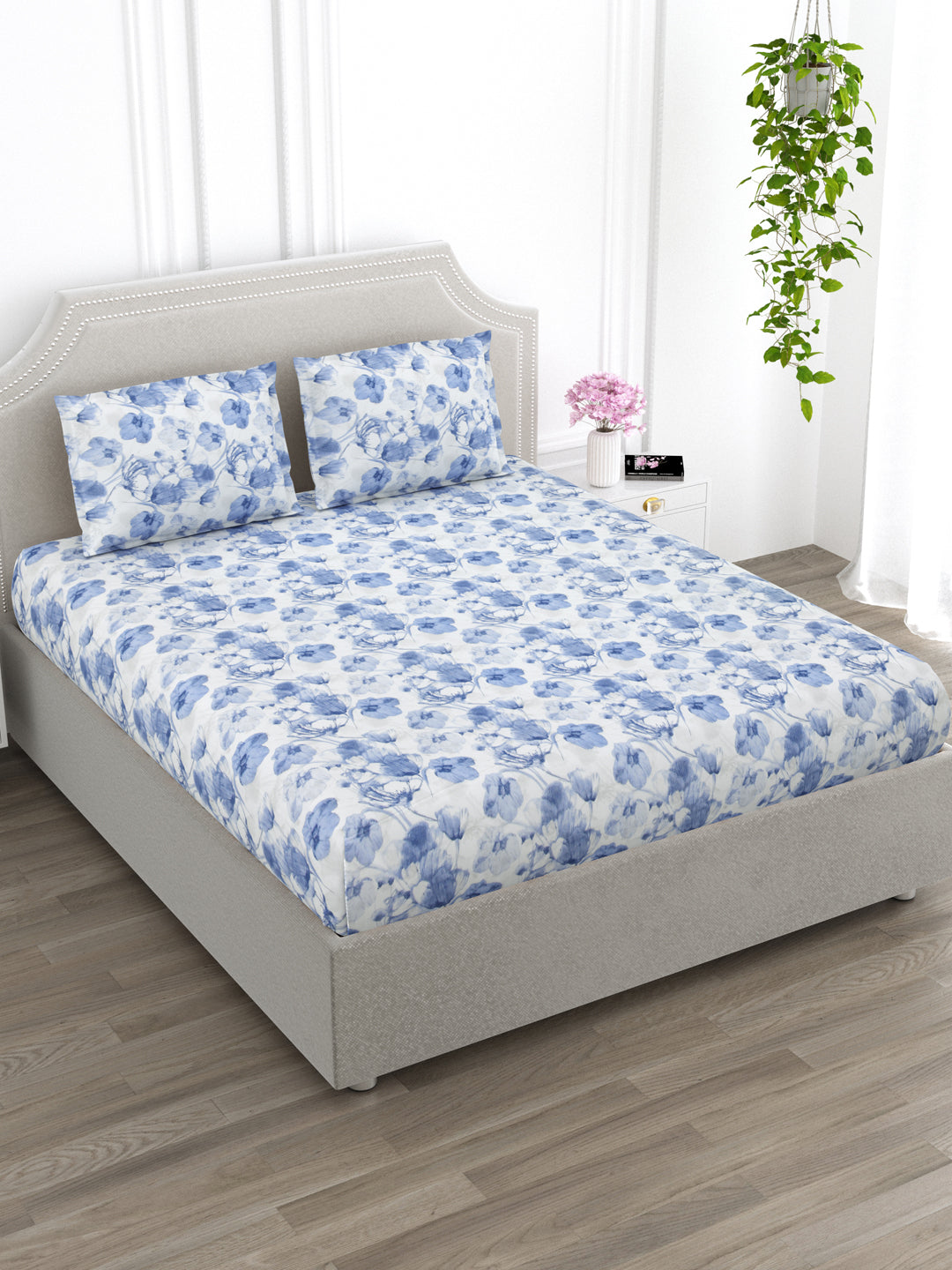 Grey and Blue Floral King Size Bed Cotton Linen
