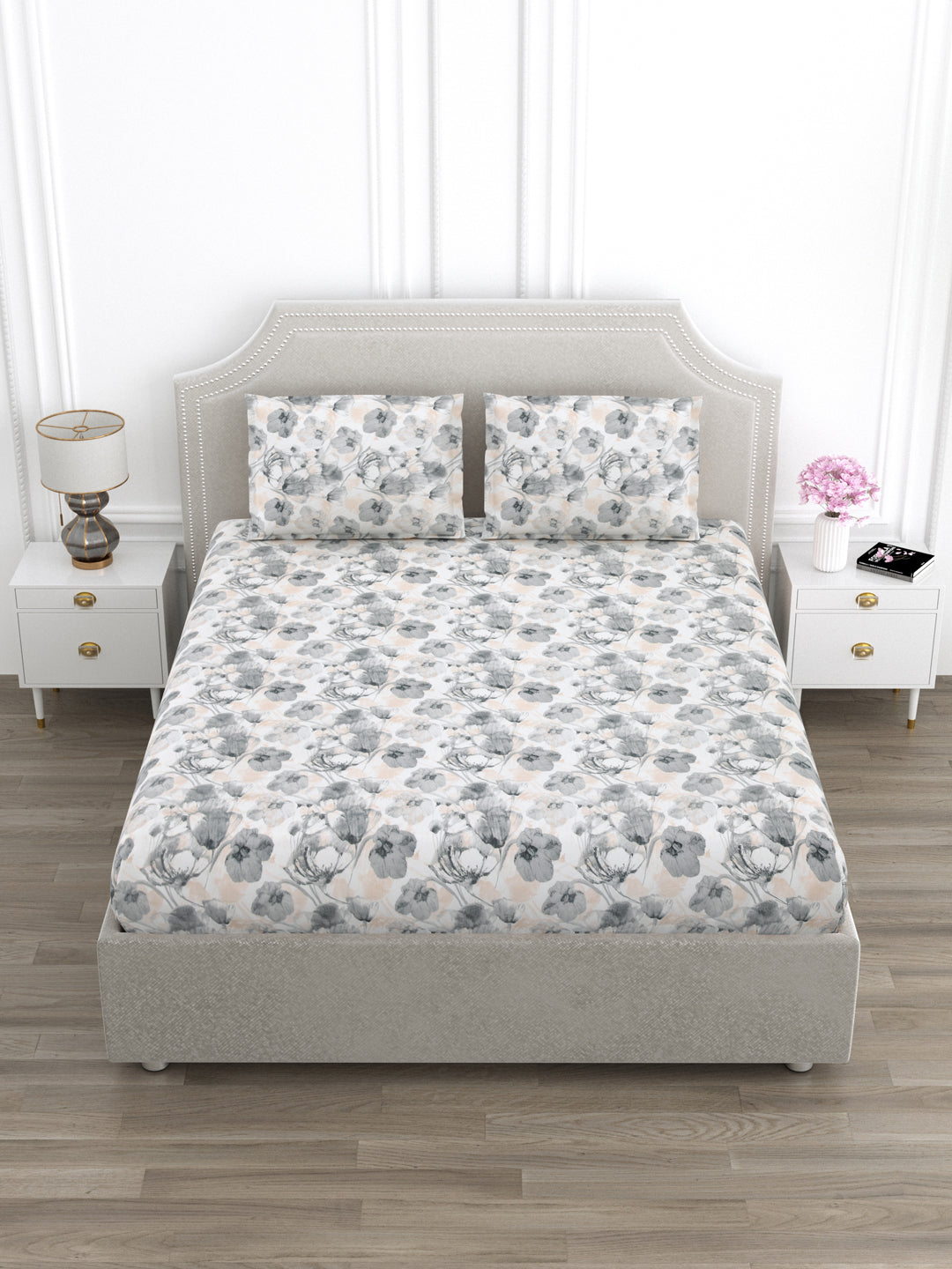 Beige & Grey Floral King Size Bed Cotton Linen