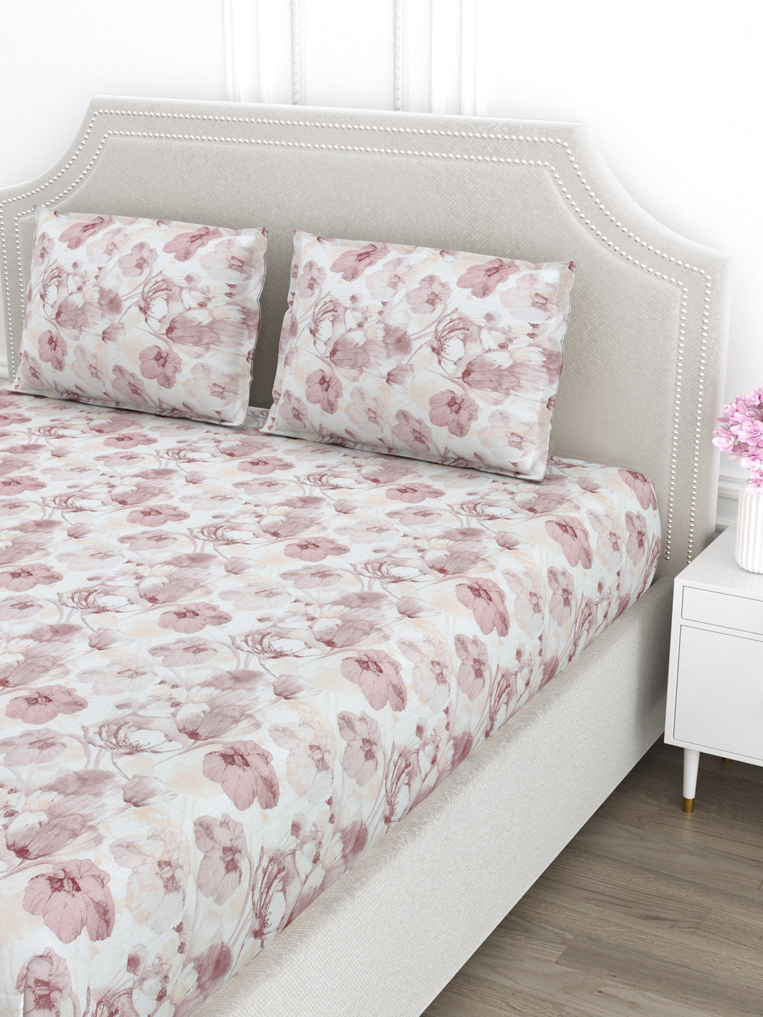 Pink & Peach Floral King Size Bed Cotton Linen